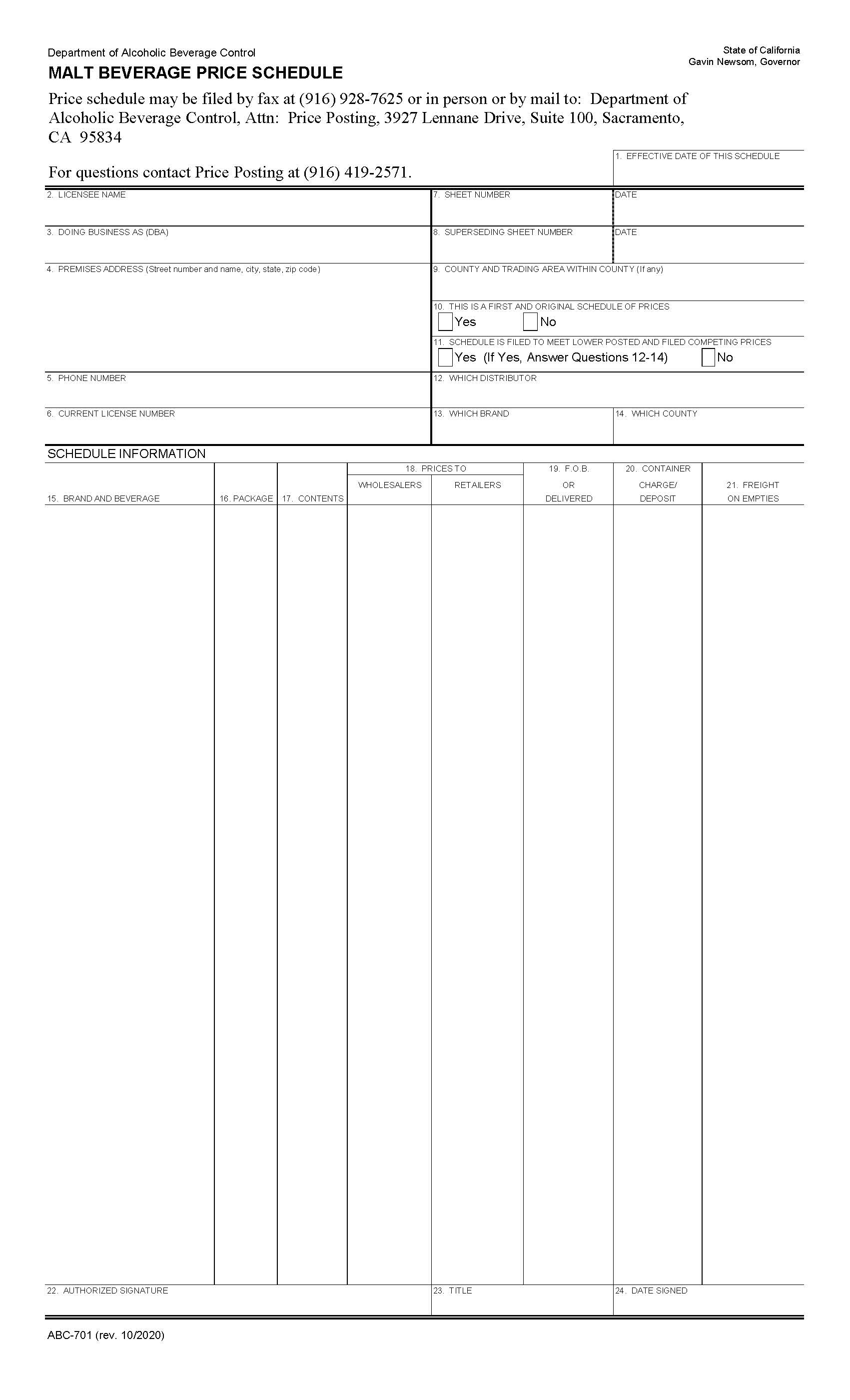 Malt Beverage Price Schedule (For Legal-Sized Paper) {ABC-701} | Pdf Fpdf Docx | California