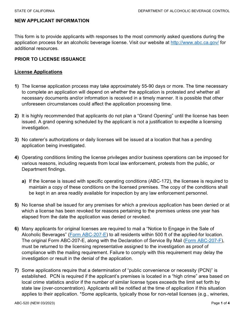 New Applicant Information {ABC-520} | Pdf Fpdf Docx | California