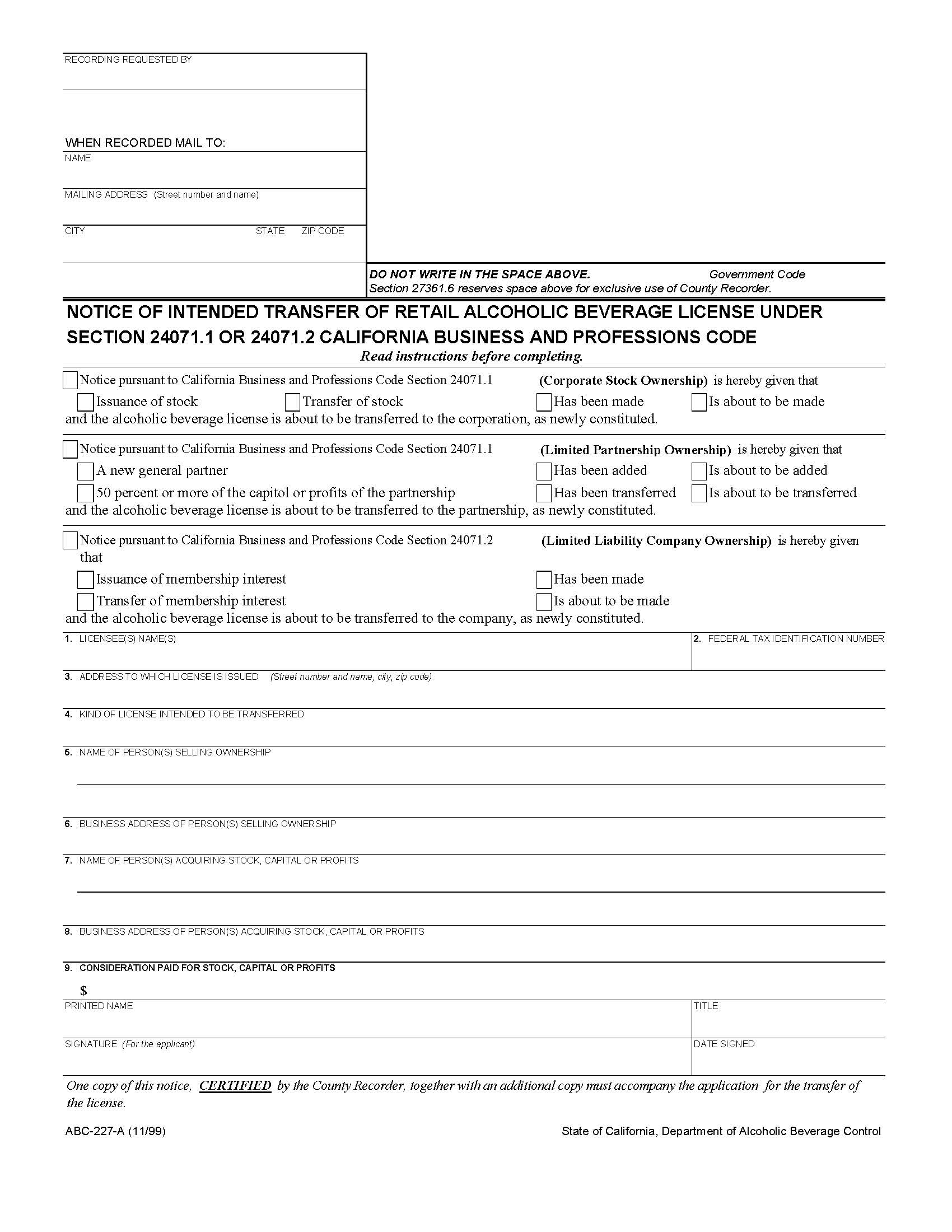 Notice Of Intended Transfer Of Retail Alcoholic Beverage License Under Section 24071.1 OR 24071.2 {ABC-227-A} | Pdf Fpdf Doc Docx | California