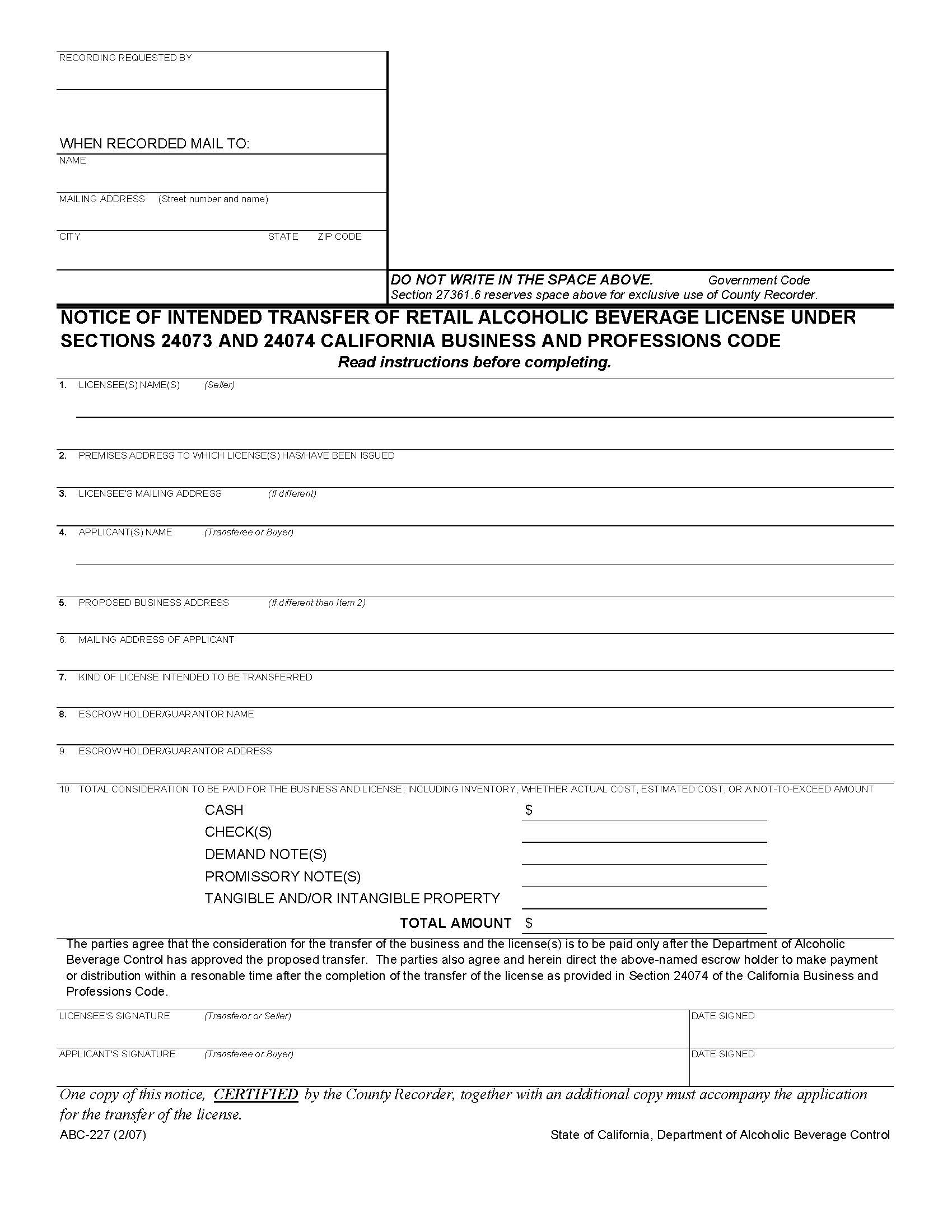 Notice Of Intended Transfer Or Retail Alcoholic Beverage License Under Sections 24073 AND 24074 {ABC-227} | Pdf Fpdf Doc Docx | California