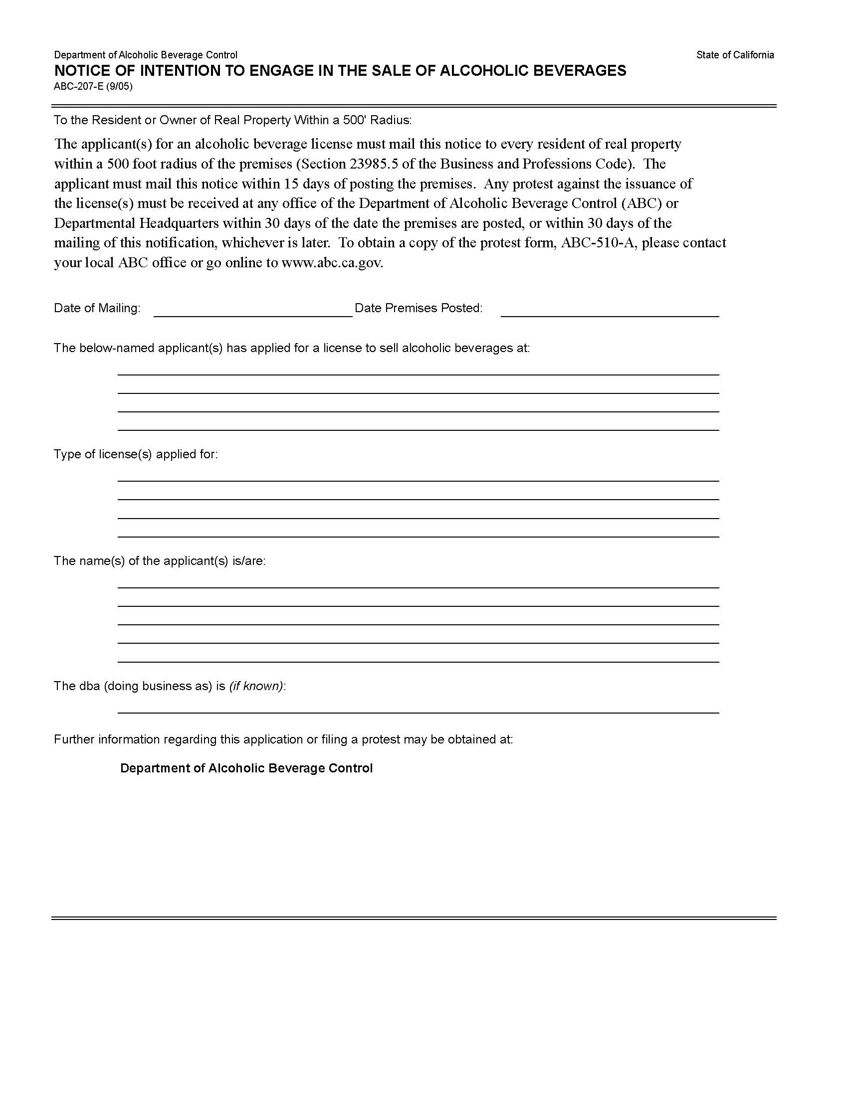 Notice Of Intention To Engage In The Sale Of Alcoholic Beverages {ABC-207-E} | Pdf Fpdf Docx | California