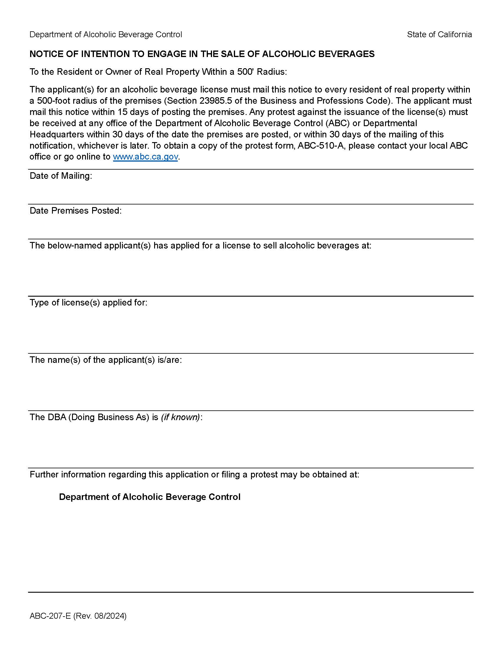Notice Of Intention To Engage In The Sale Of Alcoholic Beverages {ABC-207-E} | Pdf Fpdf Docx | California