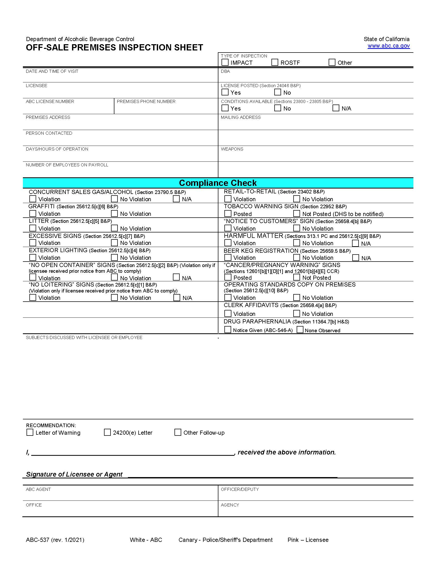 Off-Sale Premises Inspection Sheet {ABC-537} | Pdf Fpdf Docx | California