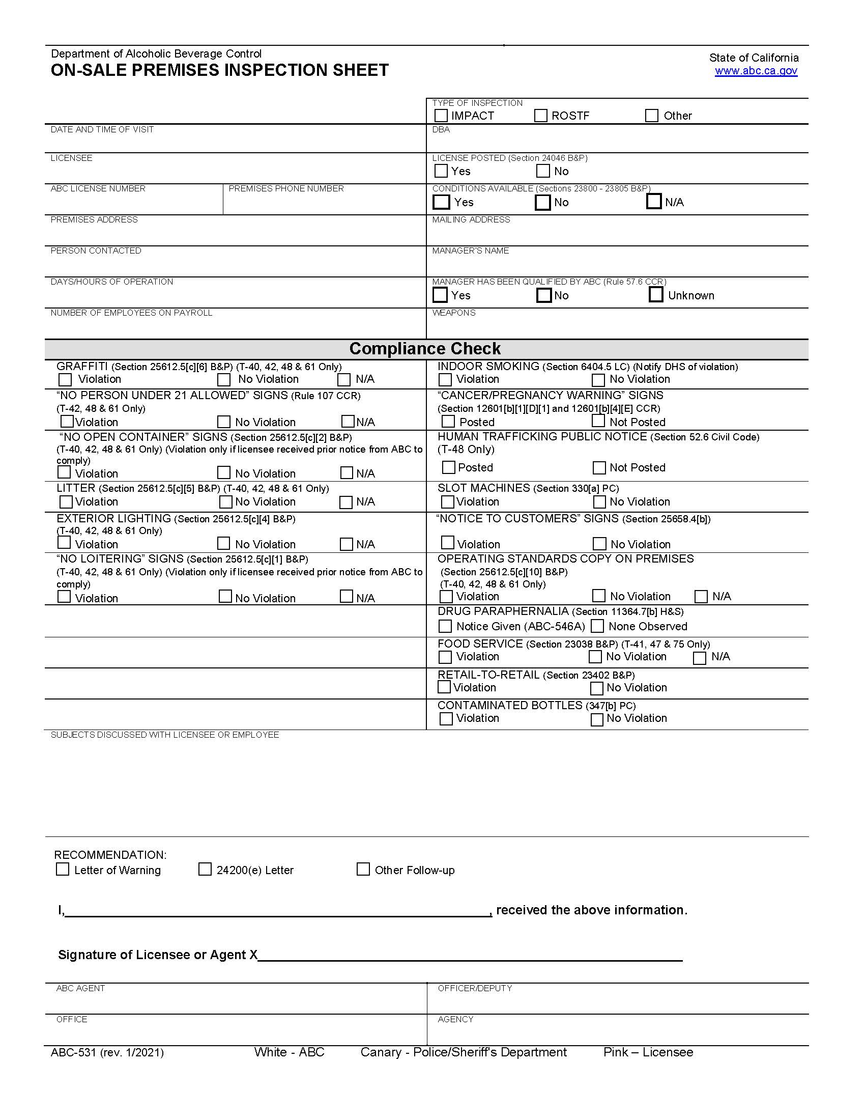 On-Sale Premises Inspection Sheet {ABC-531} | Pdf Fpdf Doc Docx | California