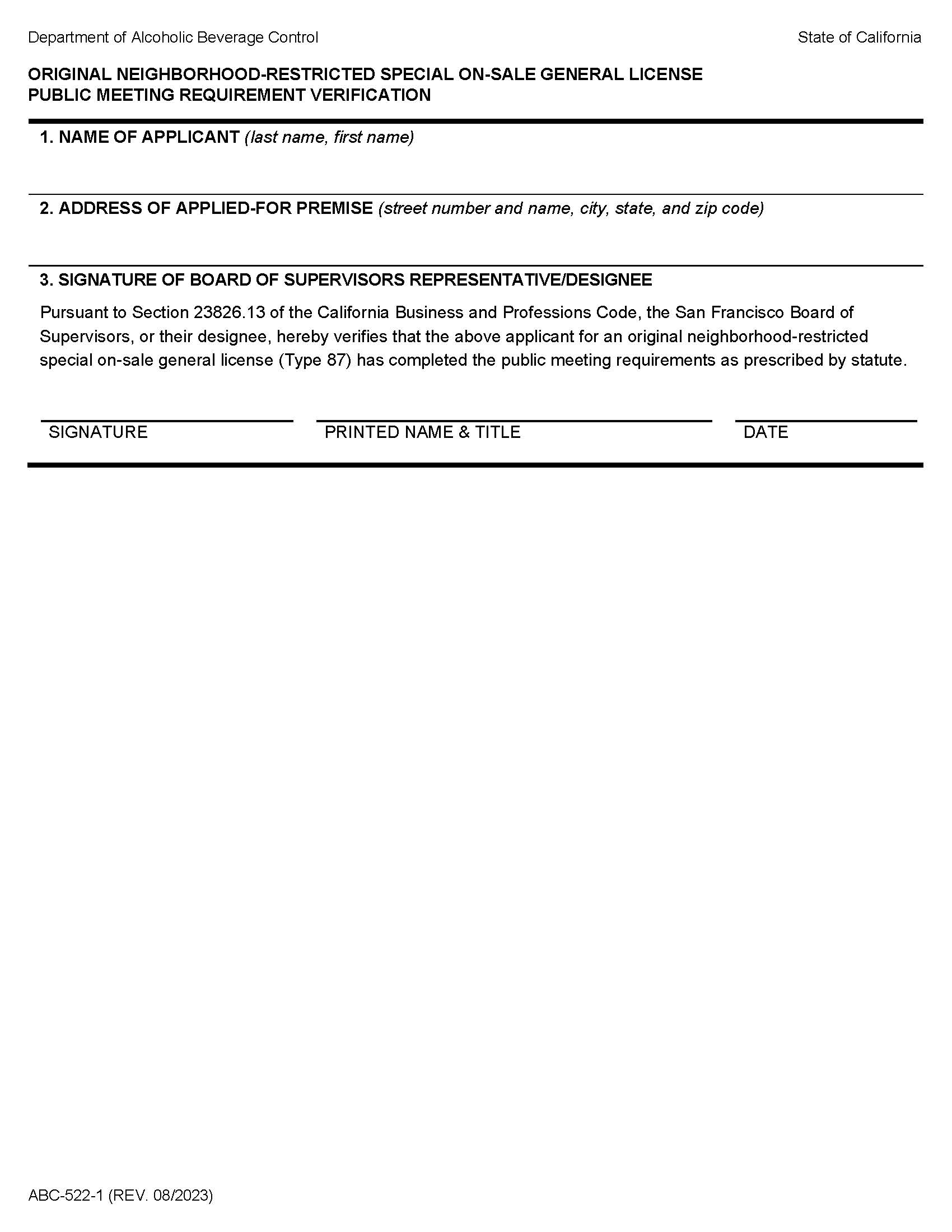 Original Neighborhood-Restricted Special On-Sale General License Public Meeting Requirement Verification {ABC-522-1} | Pdf Fpdf Docx | California