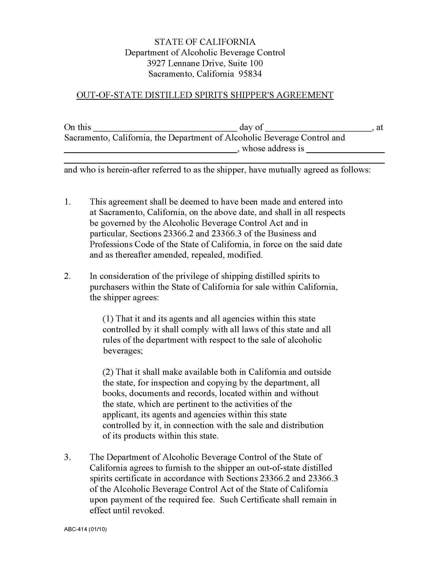 Out-Of-State Distilled Spirits Shippers Agreement {ABC-414} | Pdf Fpdf Doc Docx | California