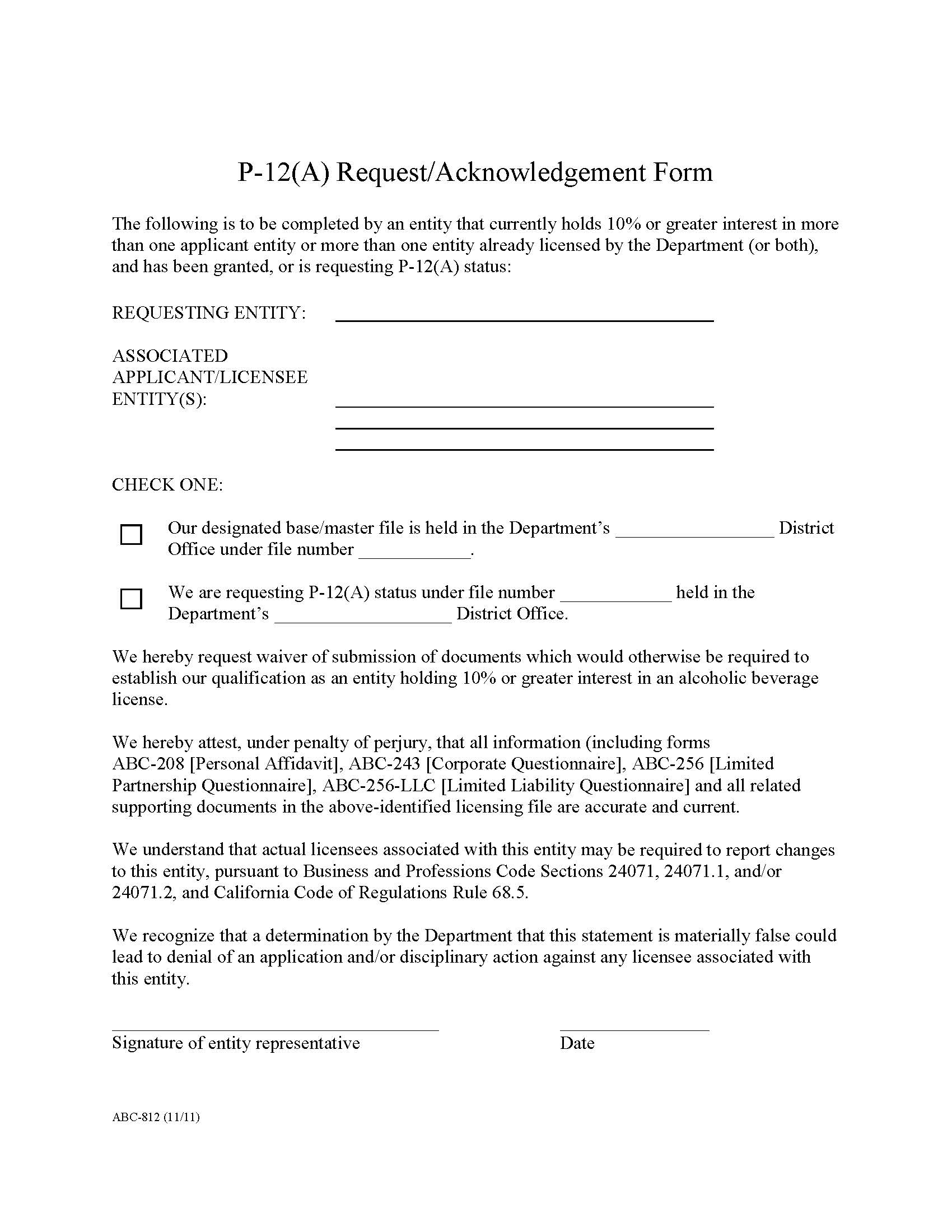 P-12(A) Request-Acknowledgement Form {ABC-812} | Pdf Fpdf Doc Docx | California