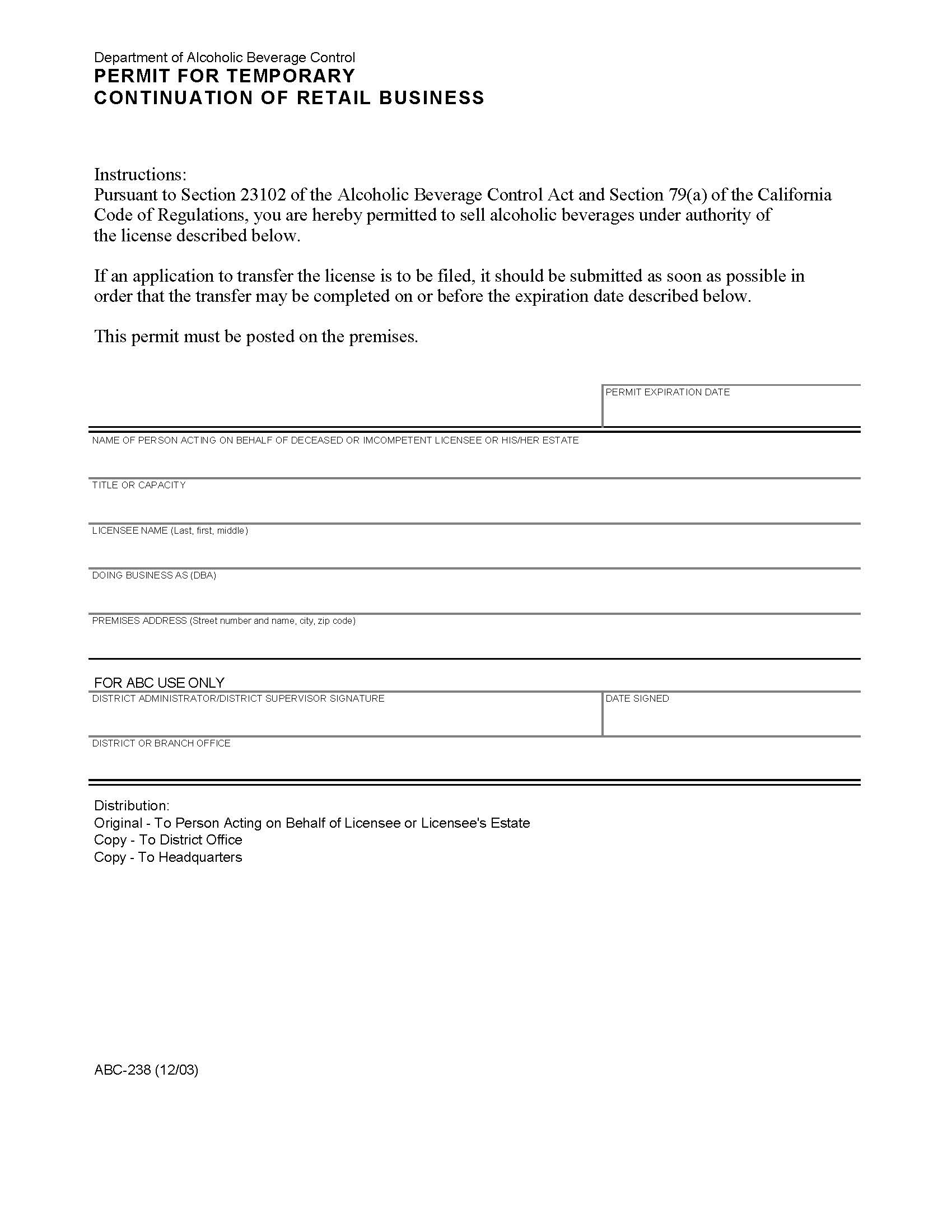 Permit For Temporary Continuation Of Retail Business {ABC-238} | Pdf Fpdf Doc Docx | California