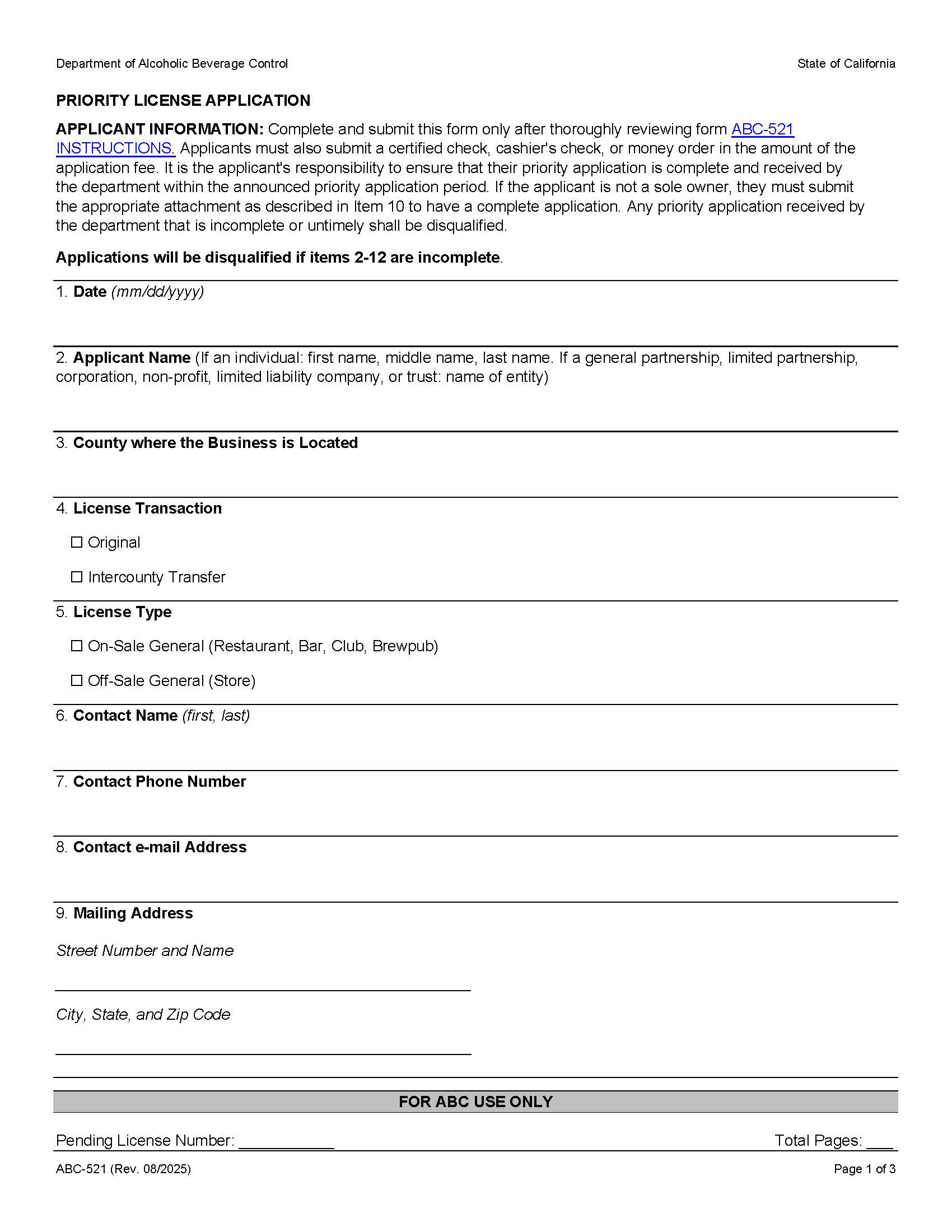 Priority License Application {ABC-521} | Pdf Fpdf Docx | California