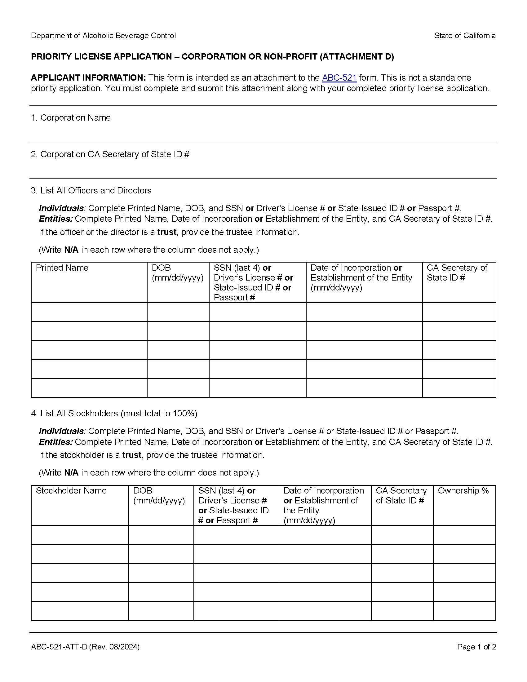 Priority License Application-Corporation Or Non-Profit {ABC-521-ATT-D} | Pdf Fpdf Docx | California