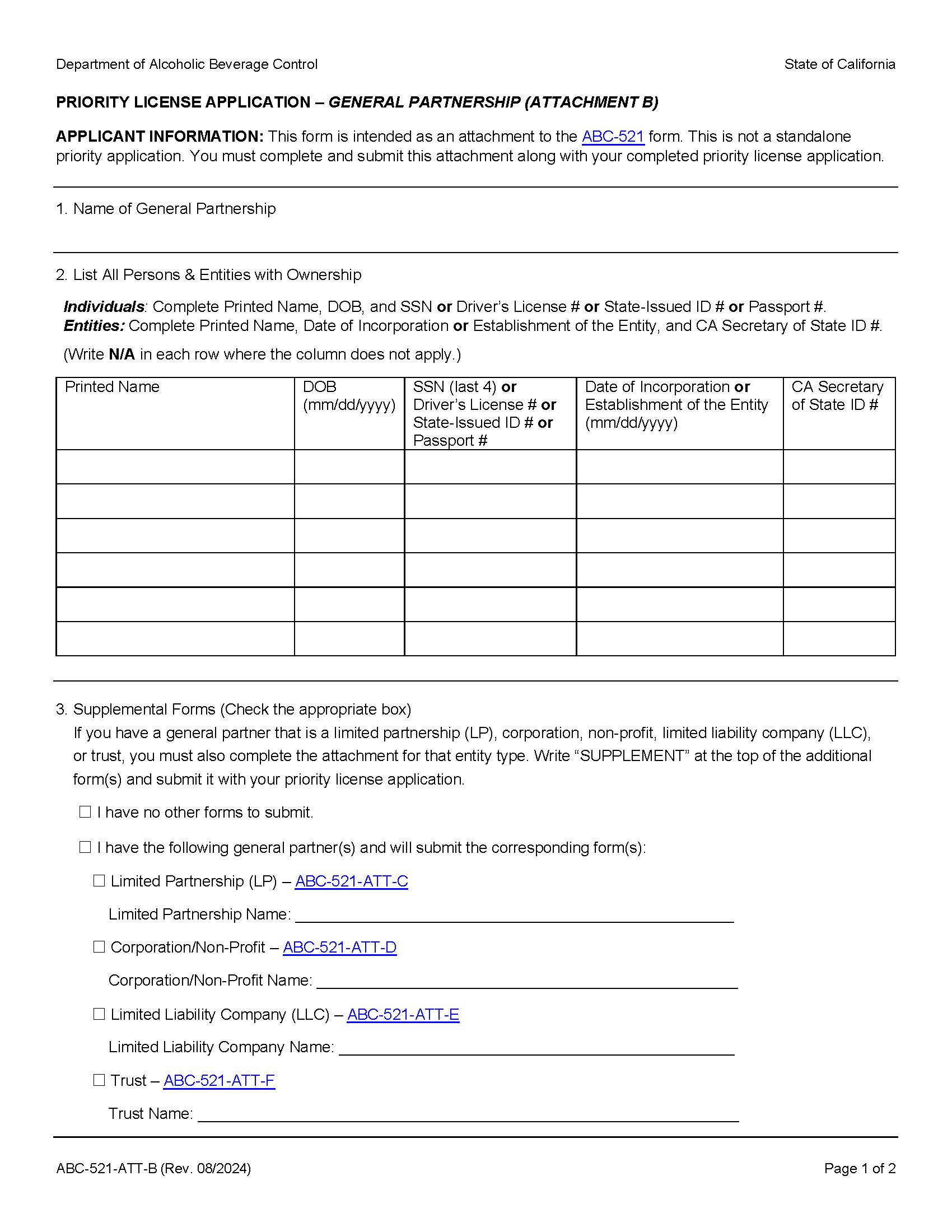 Priority License Application-General Partnership {ABC-521-ATT-B} | Pdf Fpdf Docx | California