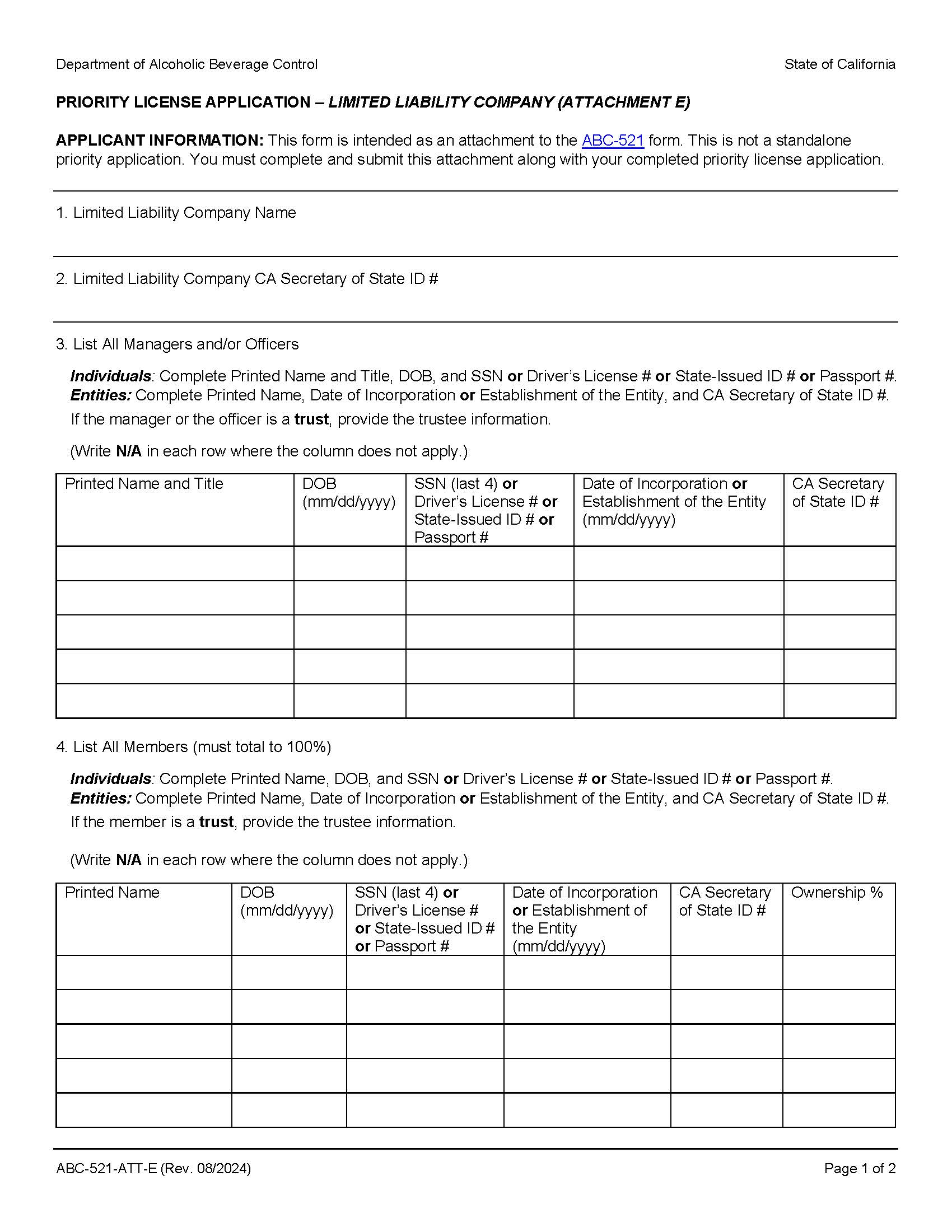 Priority License Application-Limited Liability Company (LLC) {ABC-521-ATT-E} | Pdf Fpdf Docx | California