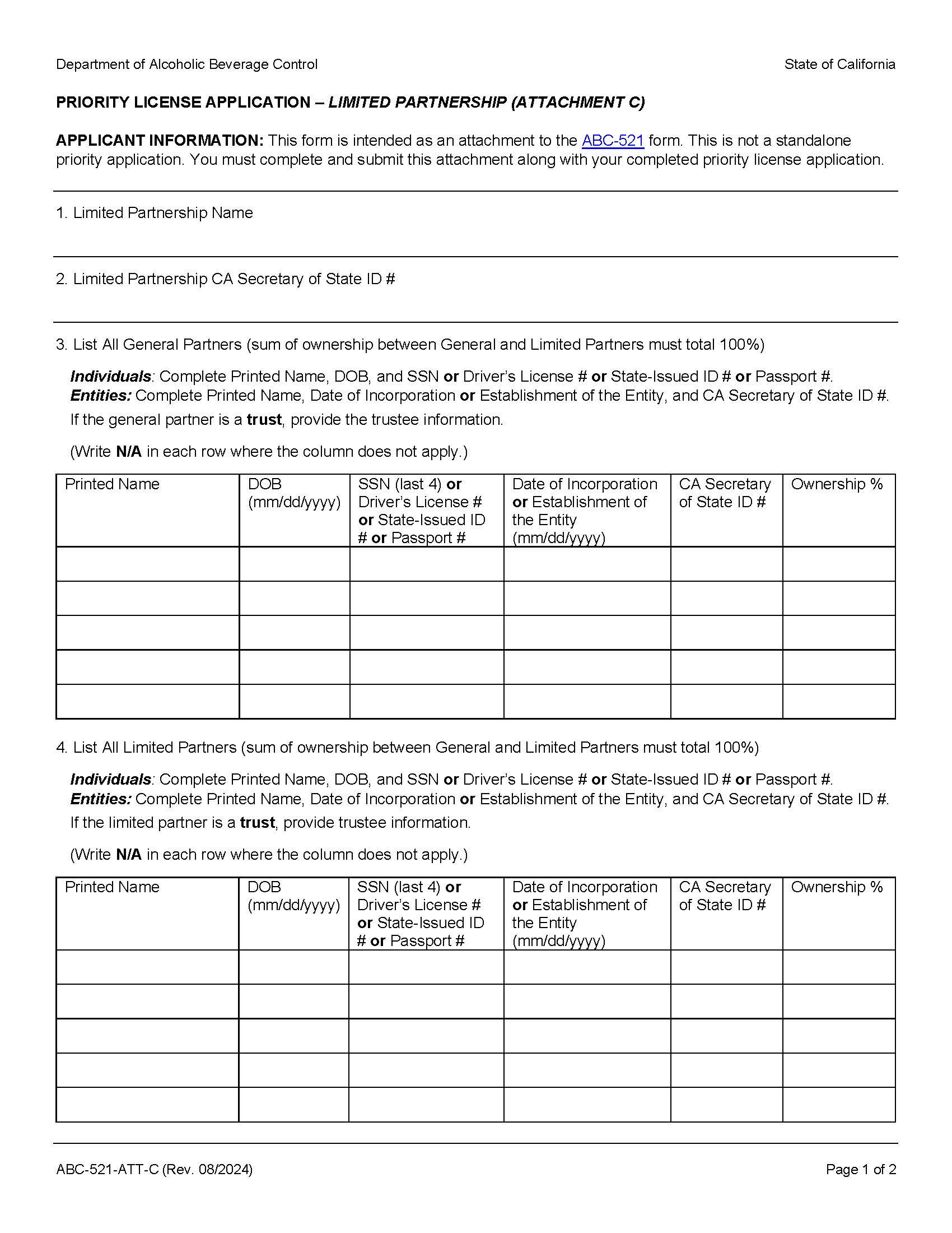 Priority License Application-Limited Partnership (LP) {ABC-521-ATT-C} | Pdf Fpdf Docx | California