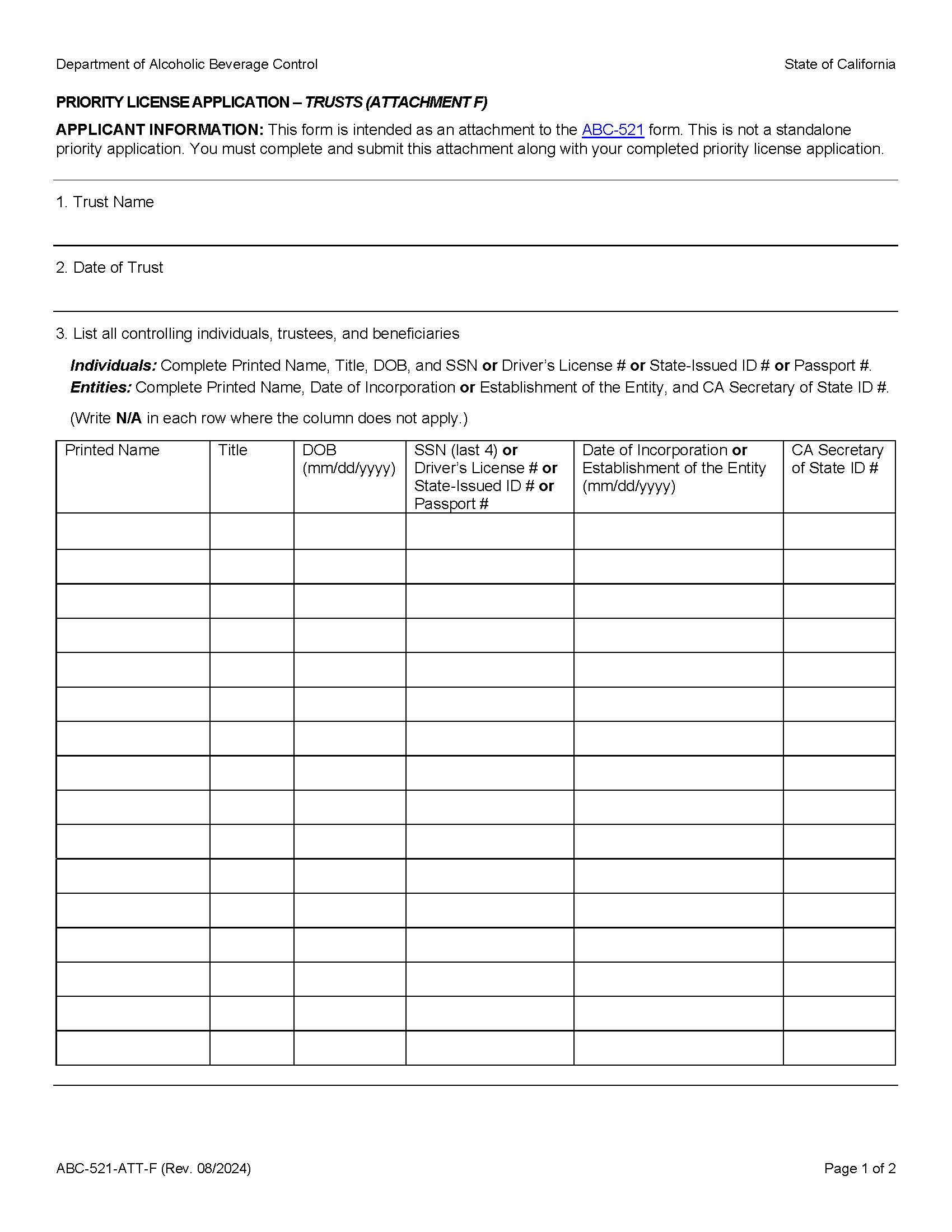 Priority License Application-Trusts {ABC-521-ATT-F} | Pdf Fpdf Docx | California