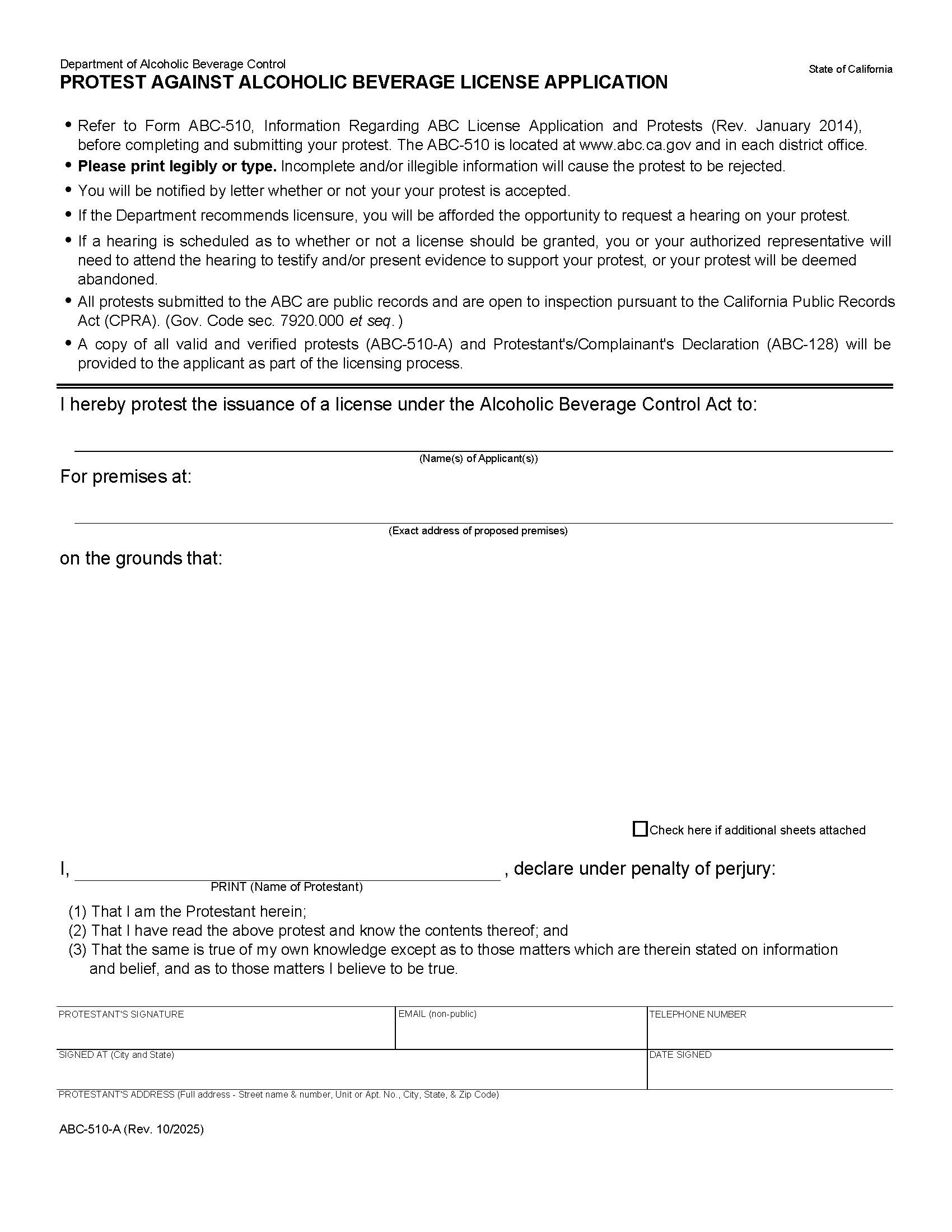 Protest Against Alcoholic Beverage License Application {ABC-510-A} | Pdf Fpdf Doc Docx | California