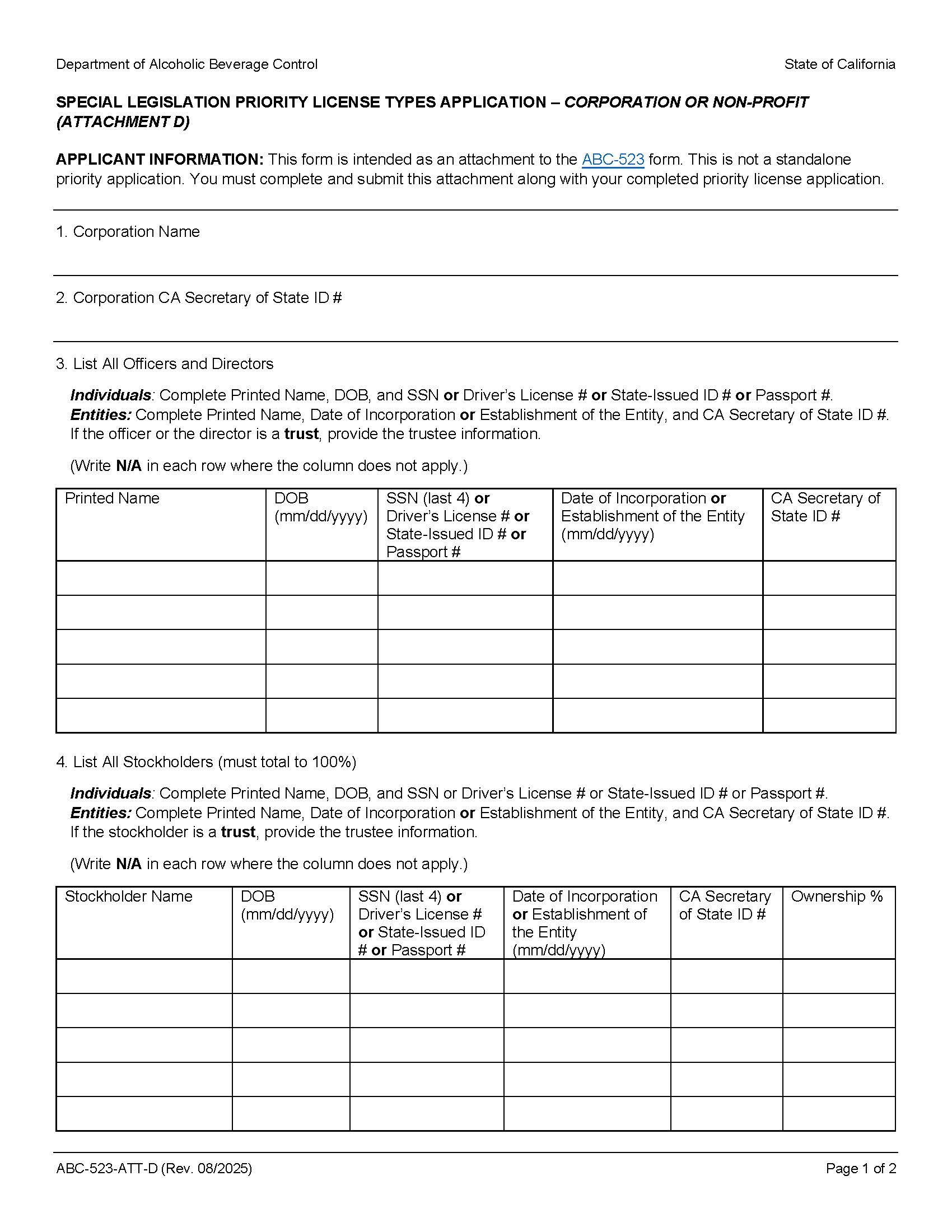 Special Legislation Priority License Types Application-Corporation Or Non-Profit {ABC-523-ATT-D} | Pdf Fpdf Docx | California