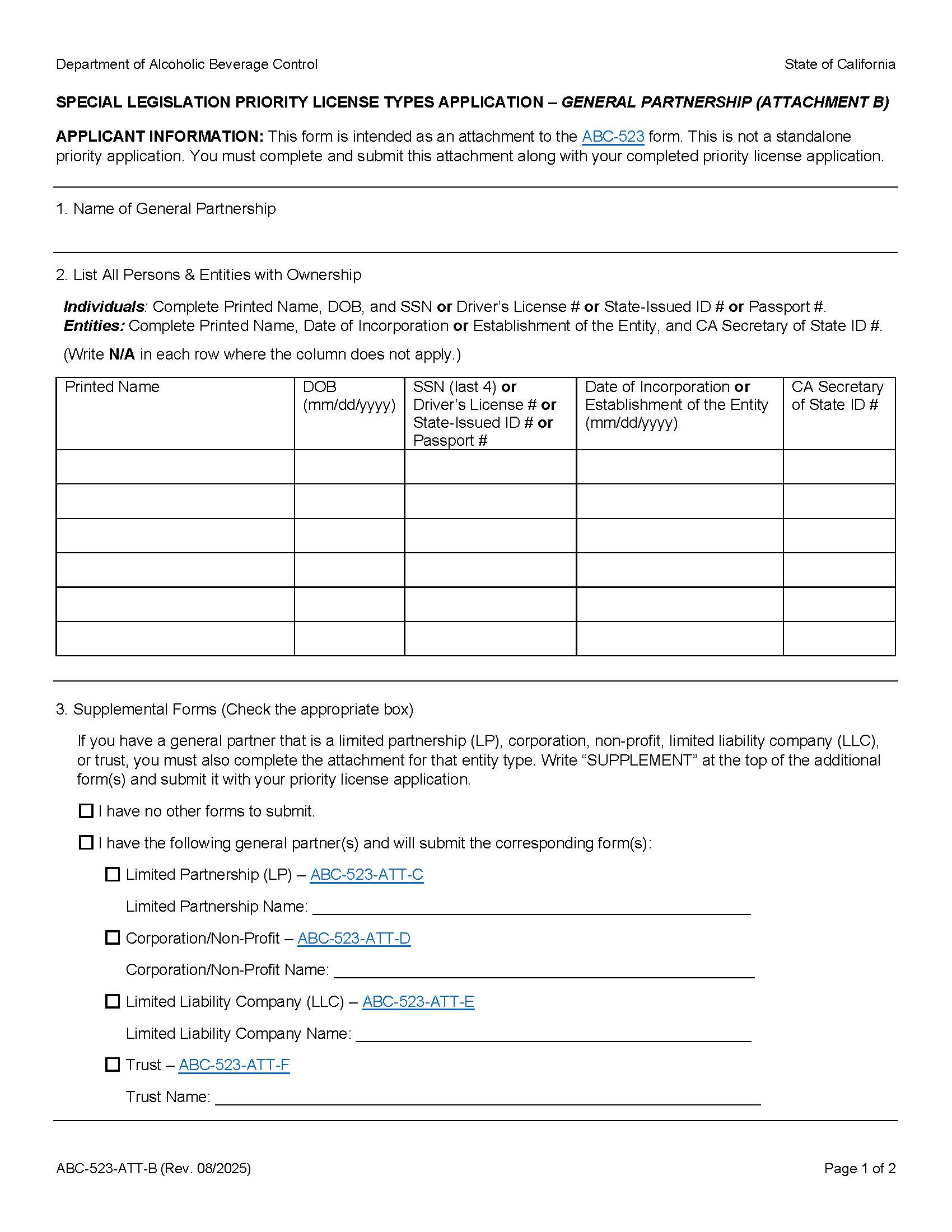 Special Legislation Priority License Types Application-General Partnership {ABC-523-ATT-B} | Pdf Fpdf Docx | California