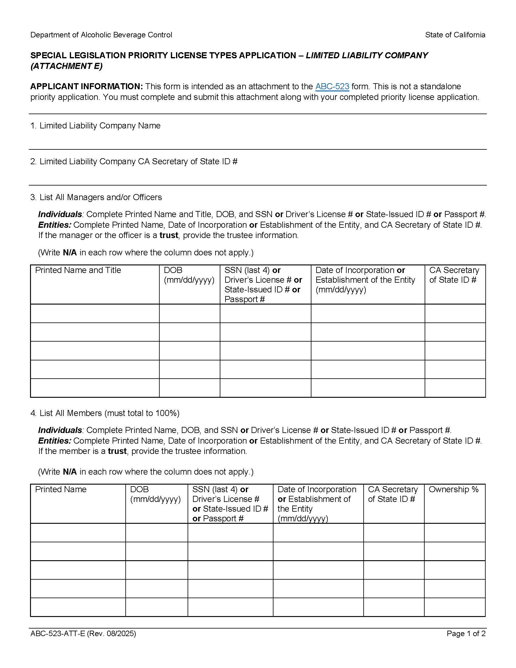 Special Legislation Priority License Types Application-Limited Liability Company {ABC-523-ATT-E} | Pdf Fpdf Docx | California