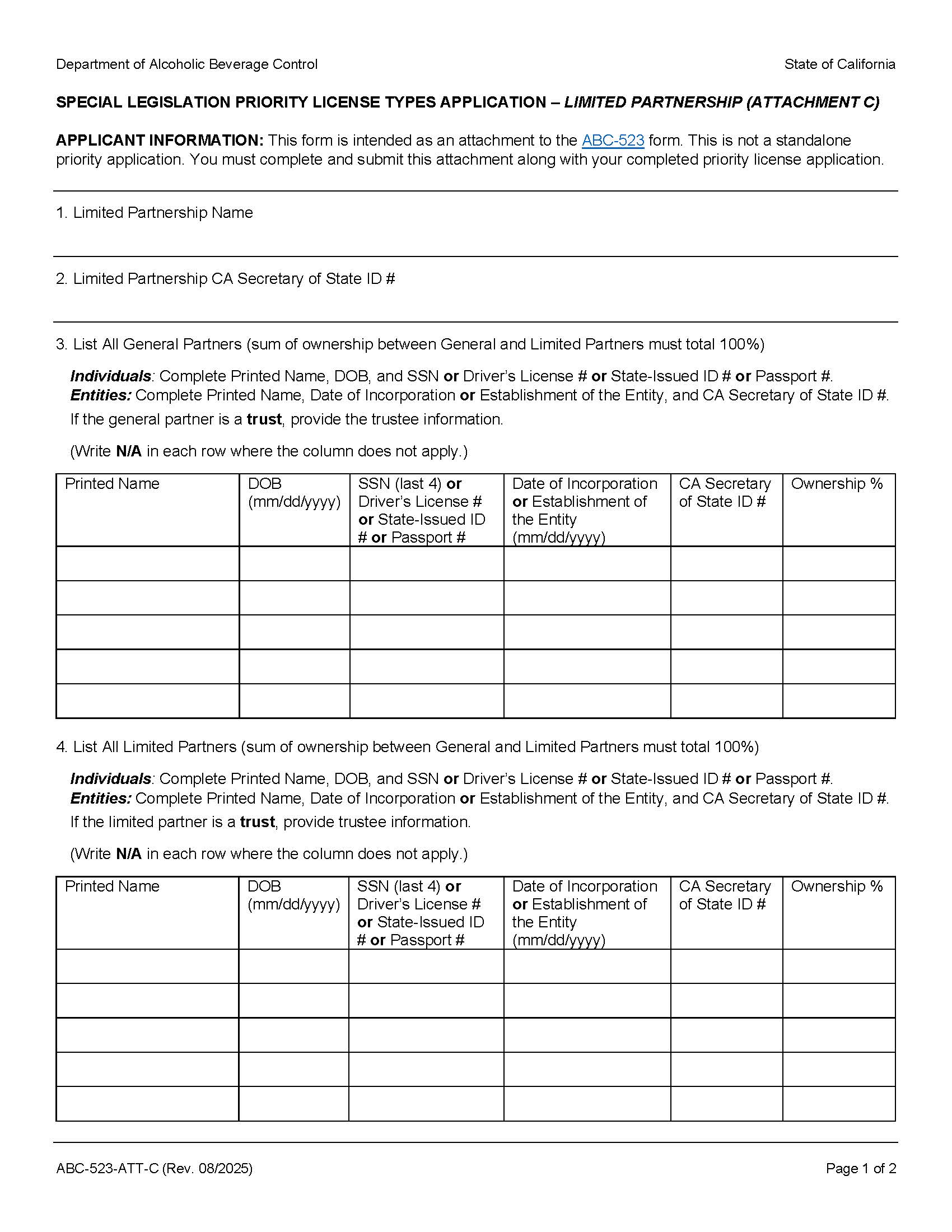 Special Legislation Priority License Types Application-Limited Partnership {ABC-523-ATT-C} | Pdf Fpdf Docx | California