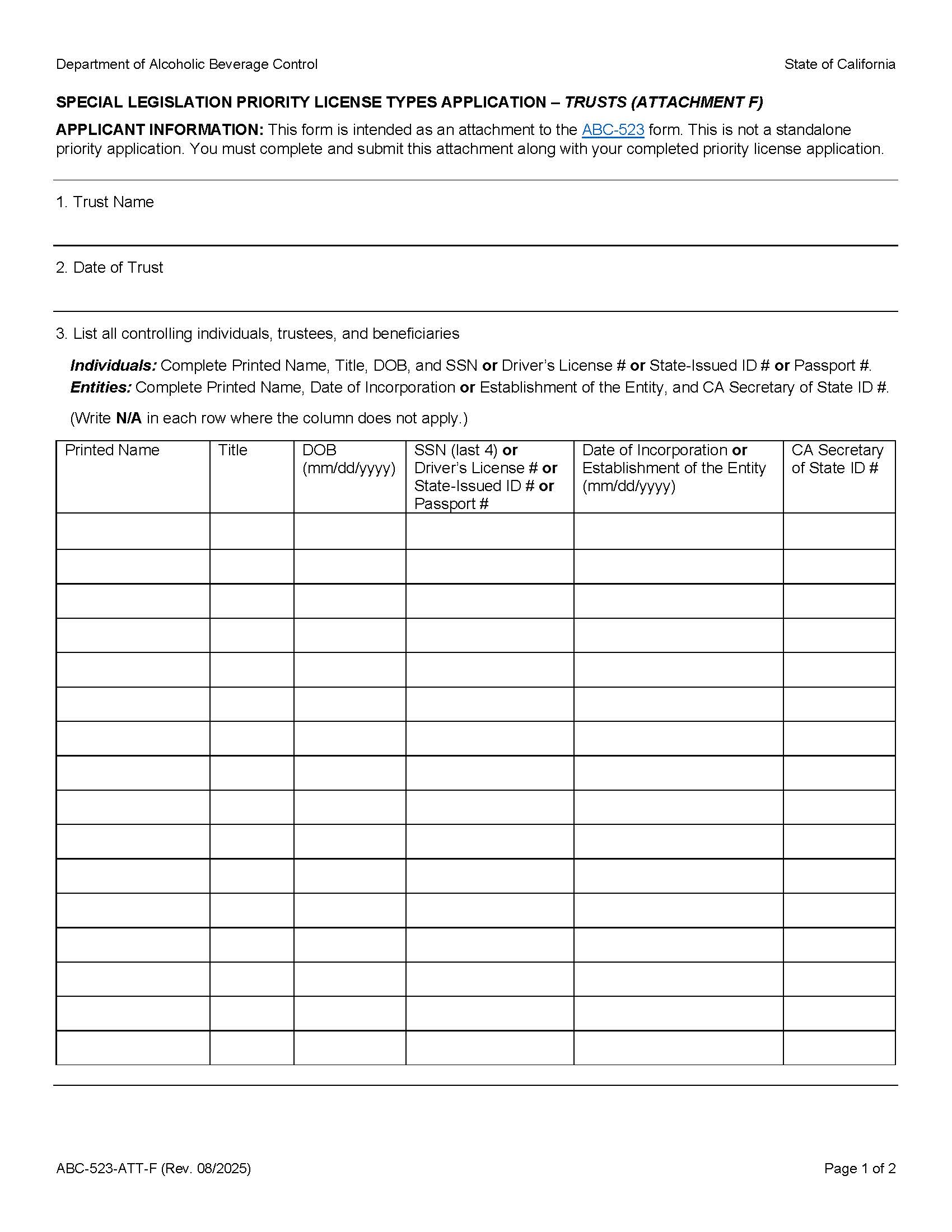 Special Legislation Priority License Types Application-Trusts {ABC-523-ATT-F} | Pdf Fpdf Docx | California