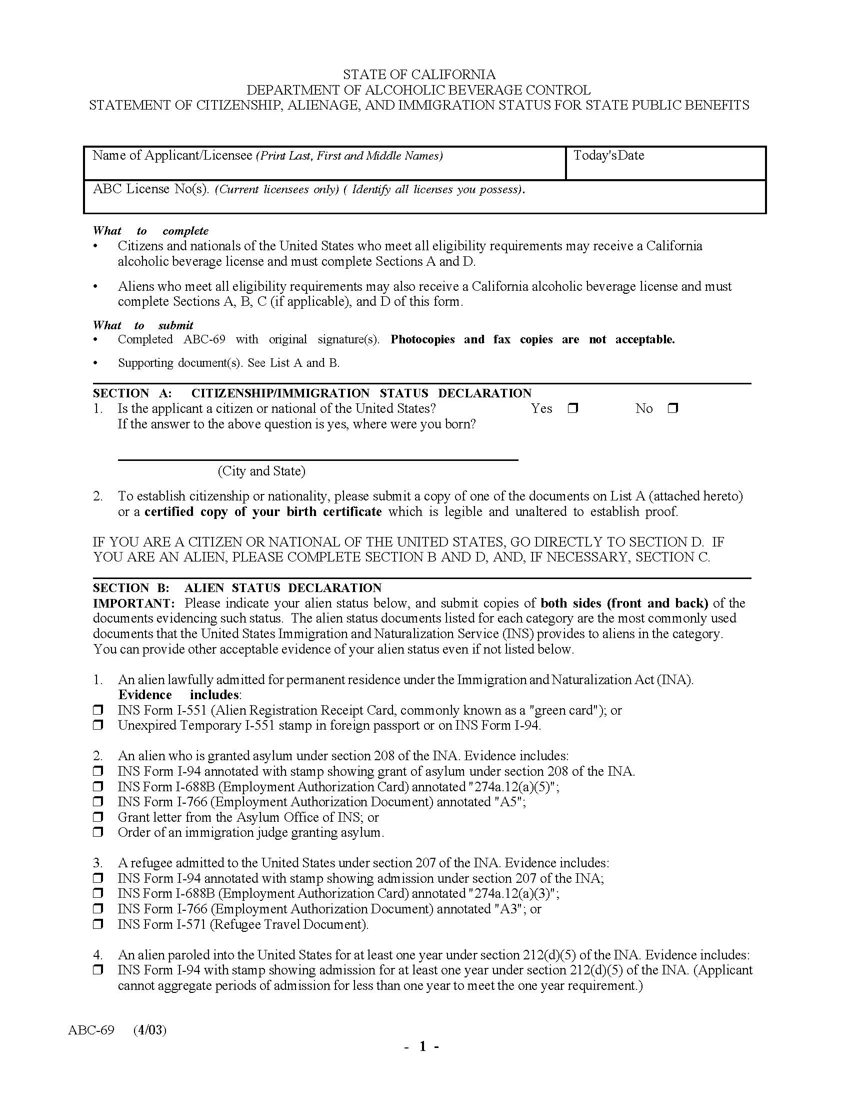 Statement Of Citizenship Alienage And Immigration Status For State Public Benefits {ABC-69} | Pdf Fpdf Doc Docx | California