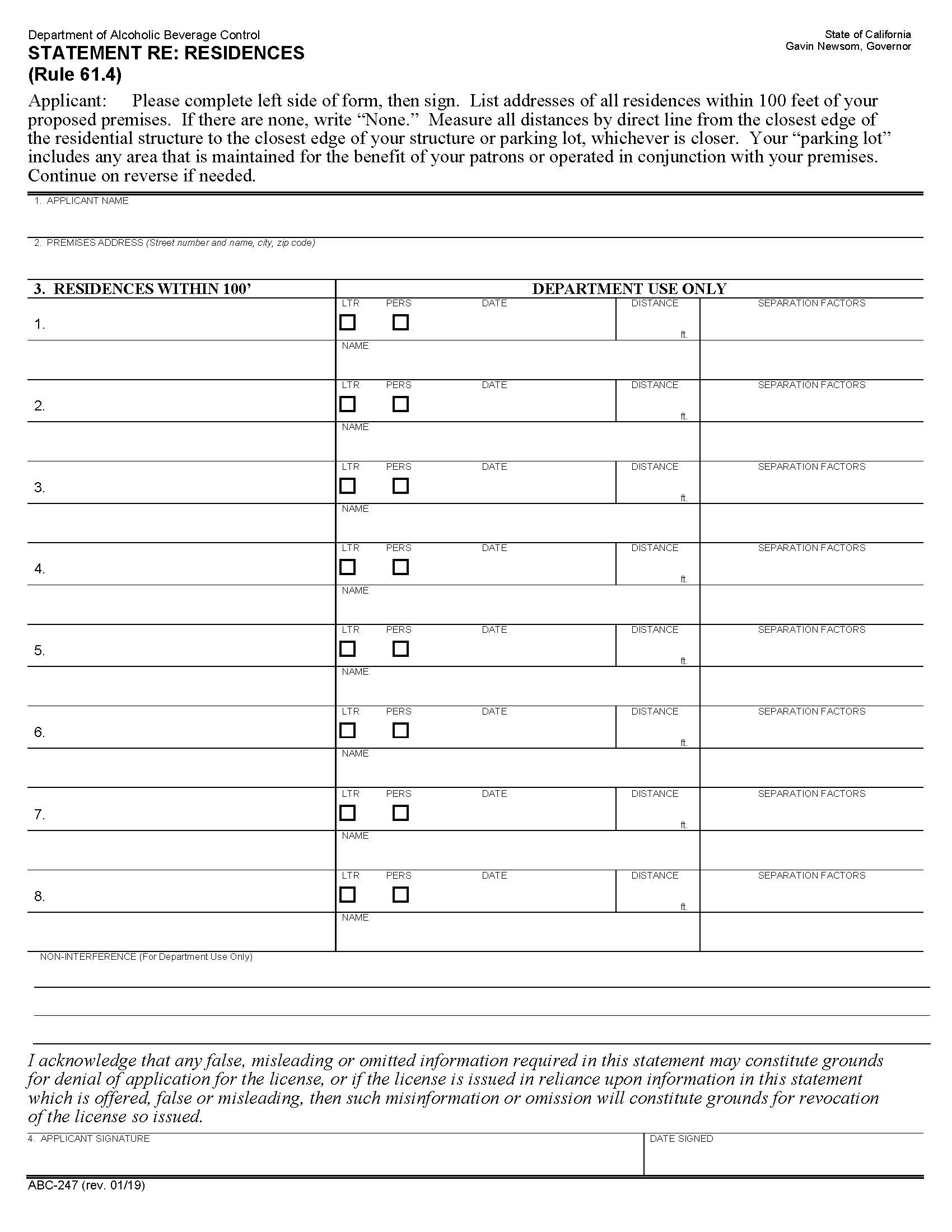 Statement Re Residences (Rule 61.4) {ABC-247} | Pdf Fpdf Docx | California