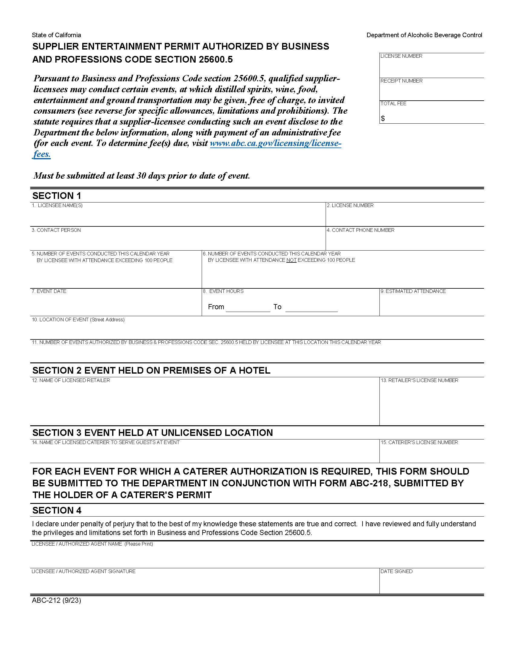 Supplier Entertainment Permit {ABC-212} | Pdf Fpdf Doc Docx | California