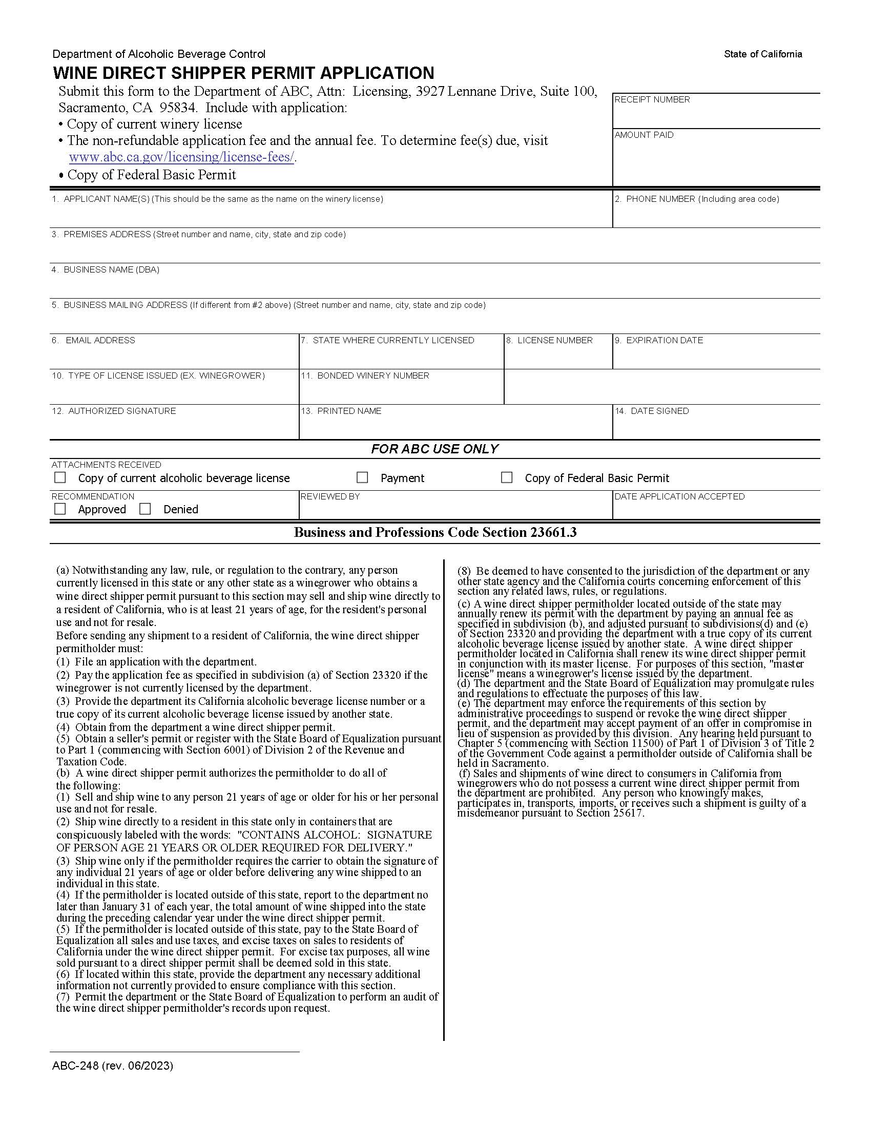 Wine Direct Shipper Permit Application {ABC-248} | Pdf Fpdf Doc Docx | California