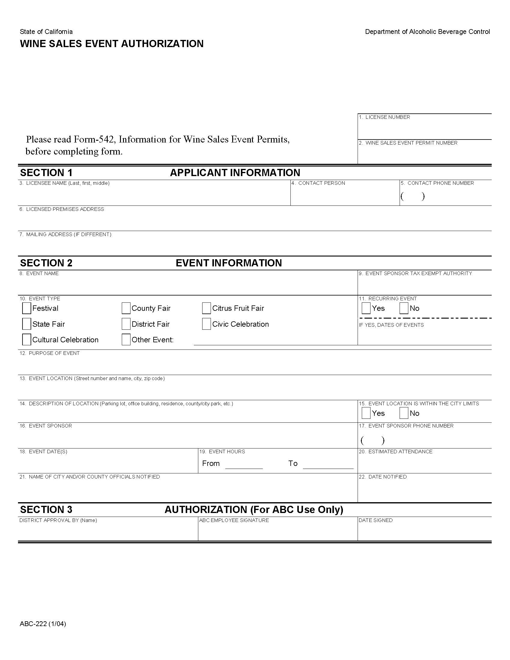 Wine Sales Event Authorization {ABC-222} | Pdf Fpdf Doc Docx | California