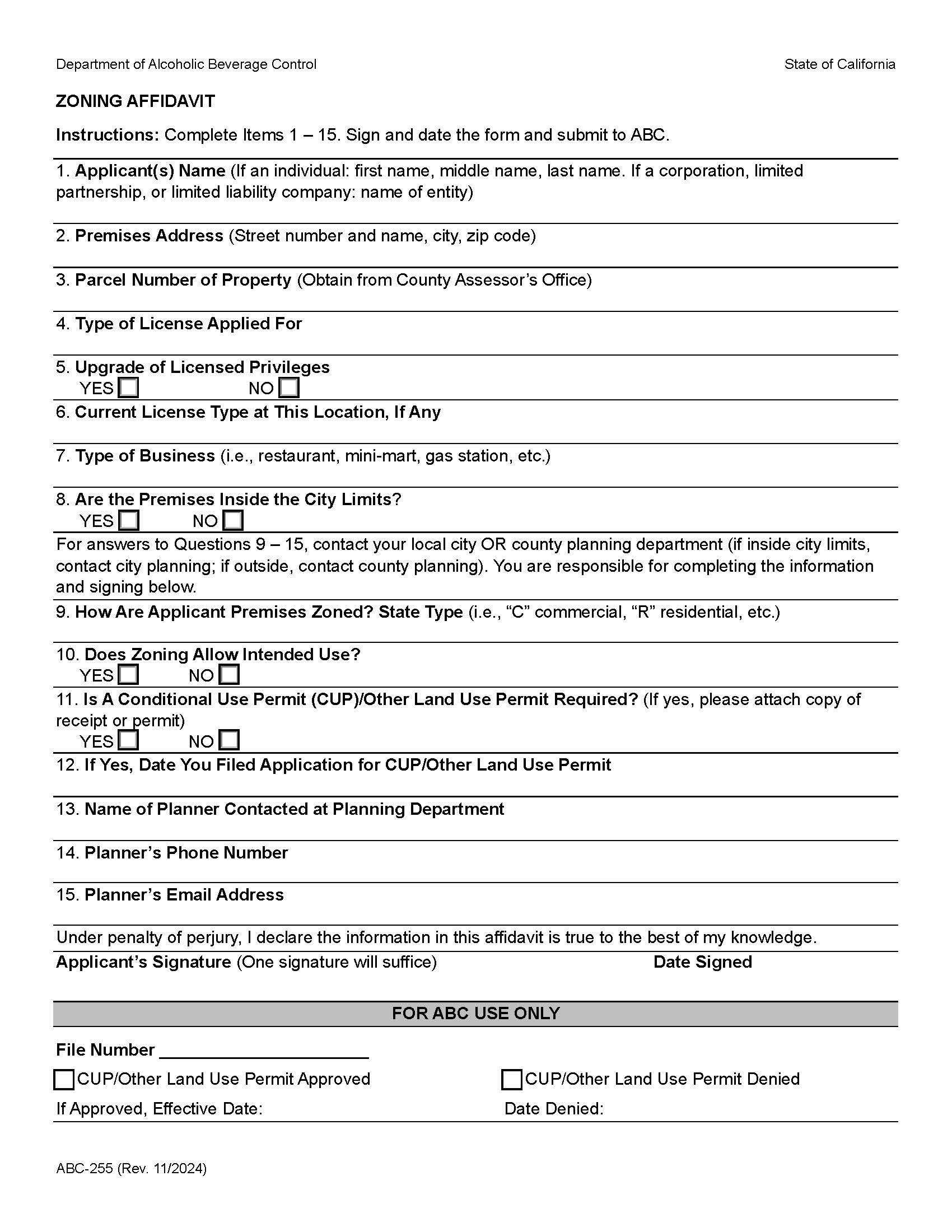 Zoning Affidavit {ABC-255} | Pdf Fpdf Docx | California