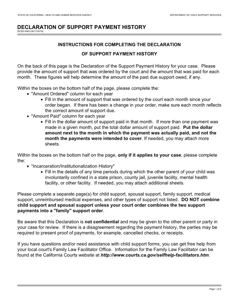 Declaration Of Support Payment History {DCSS 0569} | Pdf Fpdf Docx | California