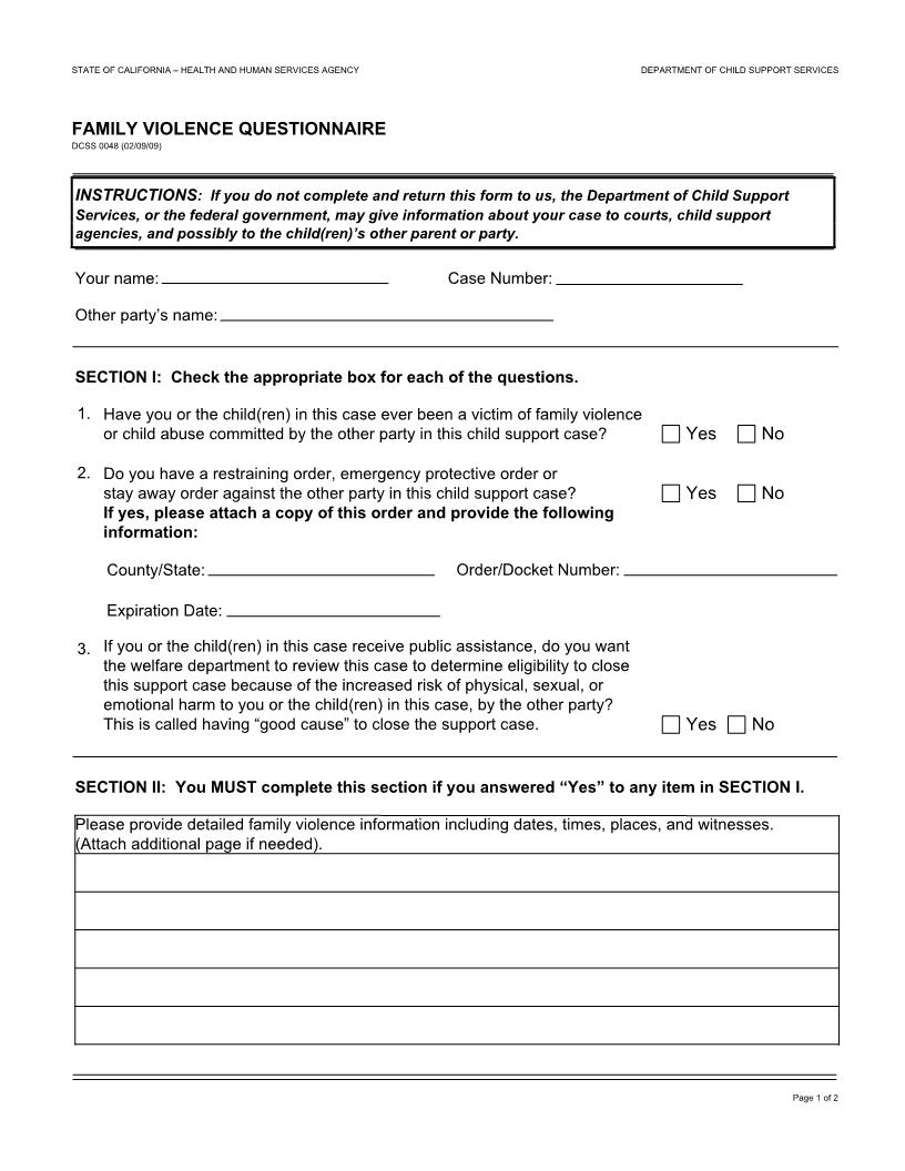 Family Violence Questionnaire {DCSS 0048} | Pdf Fpdf Docx | California