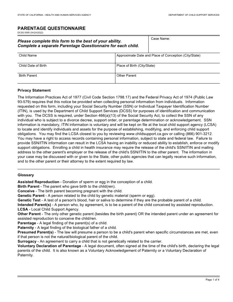 Parentage Questionnaire {DCSS 0095} | Pdf Fpdf Docx | California