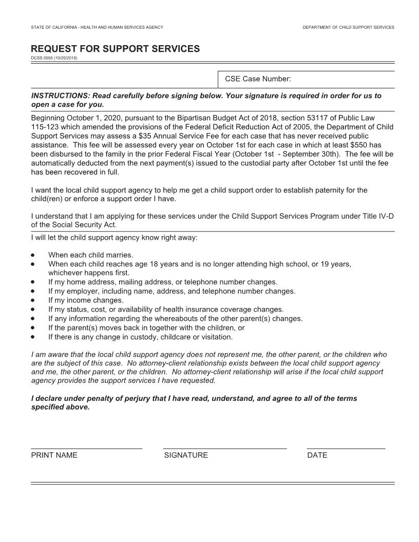 Request For Support Services {DCSS 0055} | Pdf Fpdf Docx | California