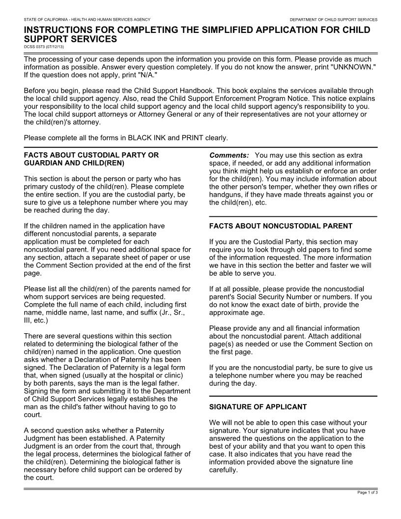 Simplified Application For Child Support Services {DCSS 0373} | Pdf Fpdf Docx | California