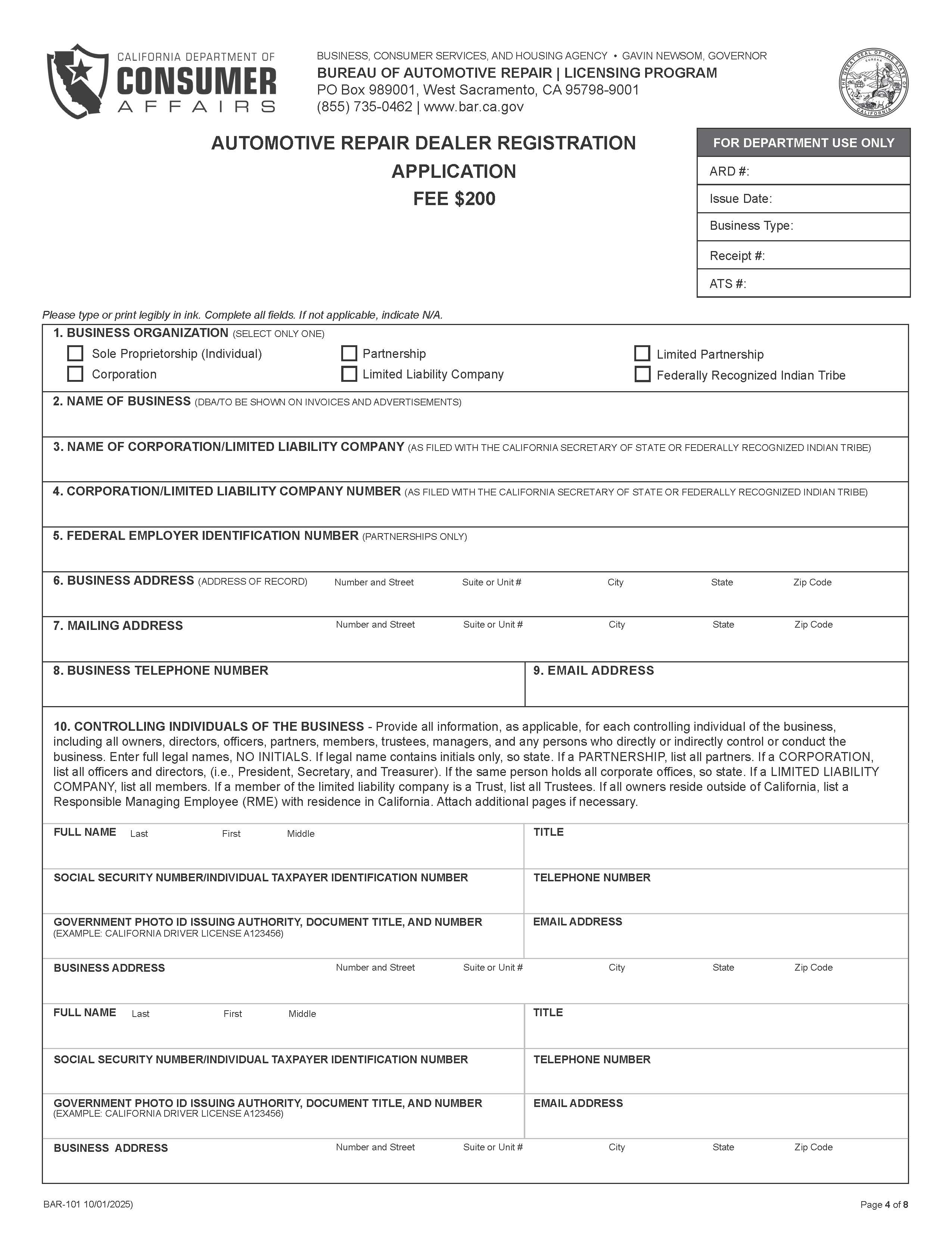 Automotive Repair Dealer Registration Application {BAR-101} | Pdf Fpdf Docx | California