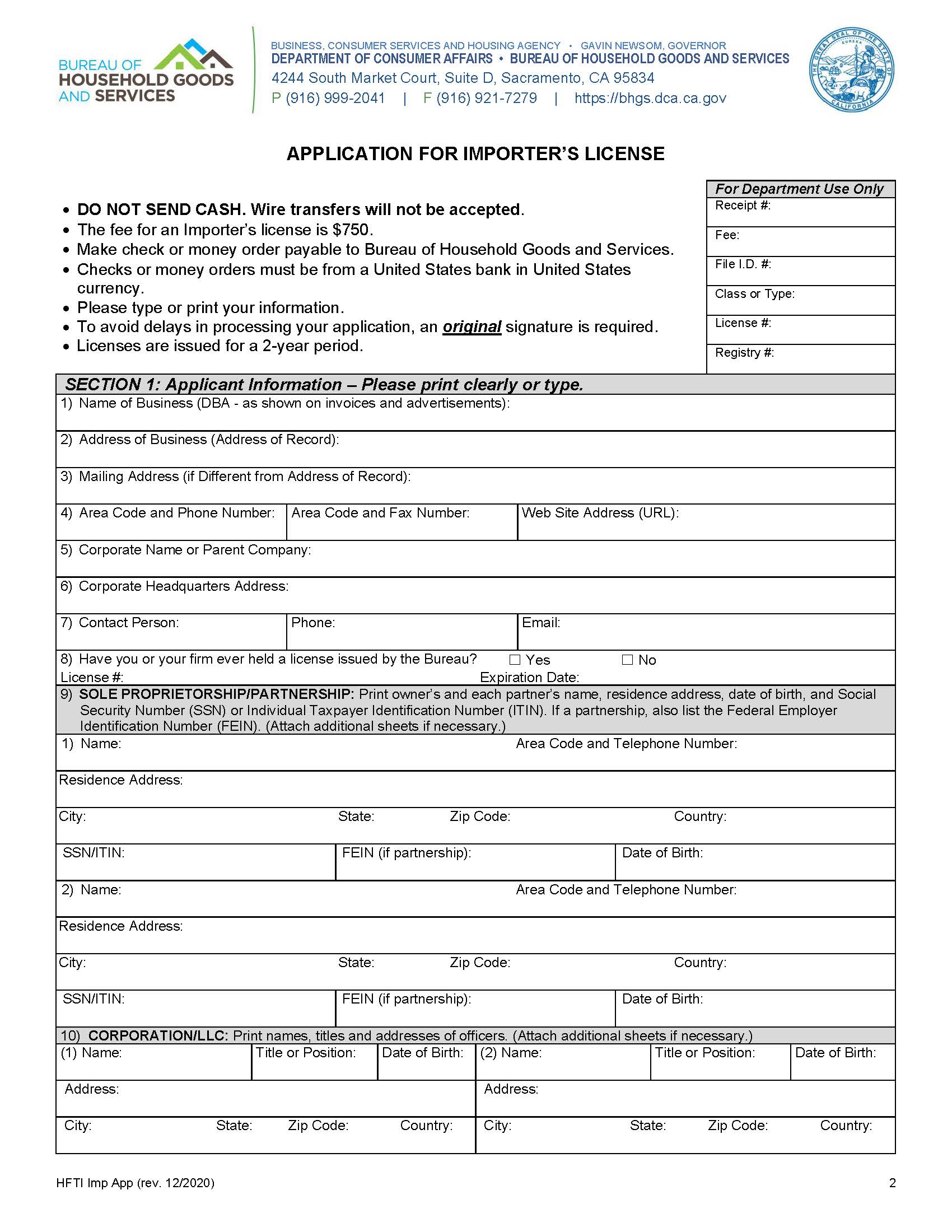 Application For Importers License | Pdf Fpdf Docx | California