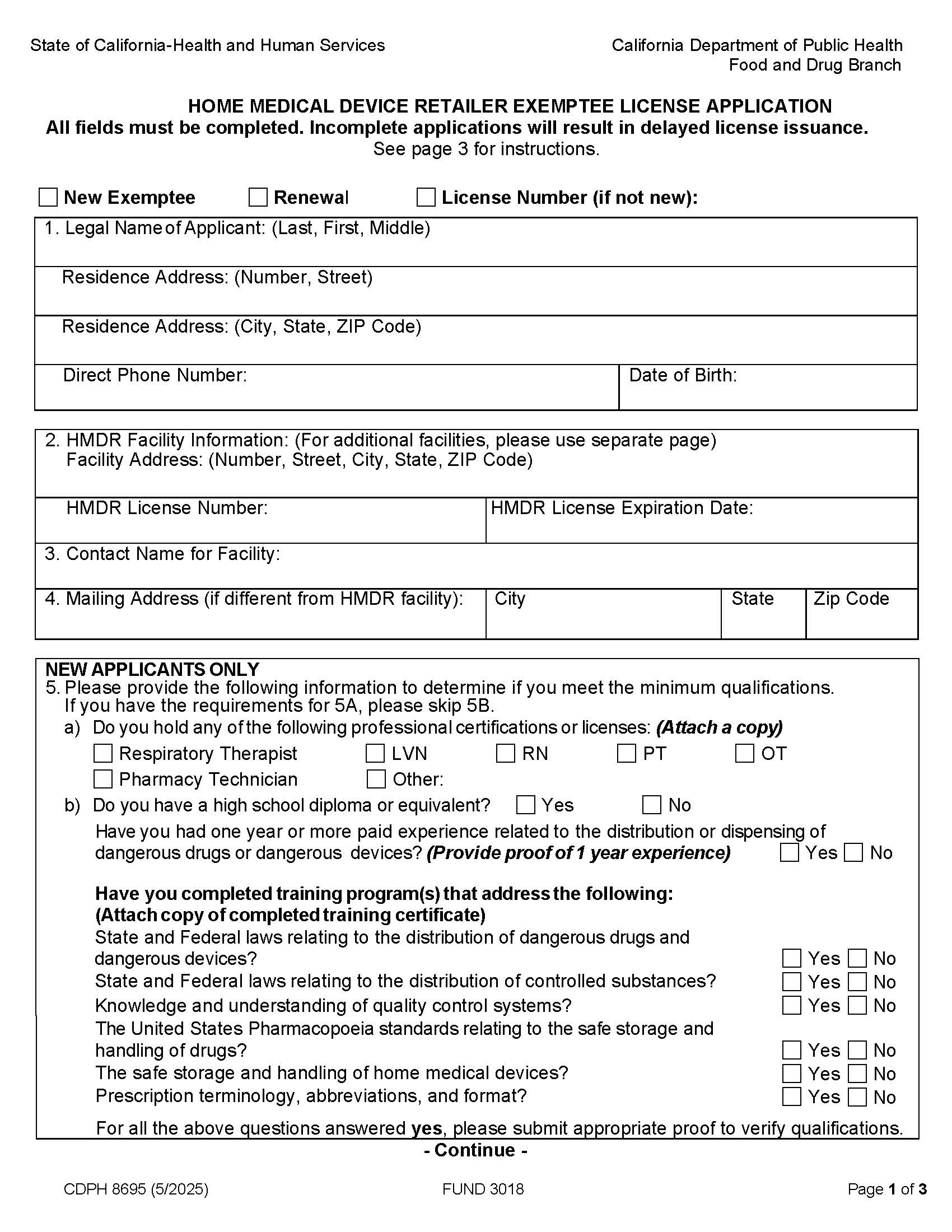Application For Home Medical Device Retailer Exemptee License New And Renewal {CDPH 8695} | Pdf Fpdf Docx | California