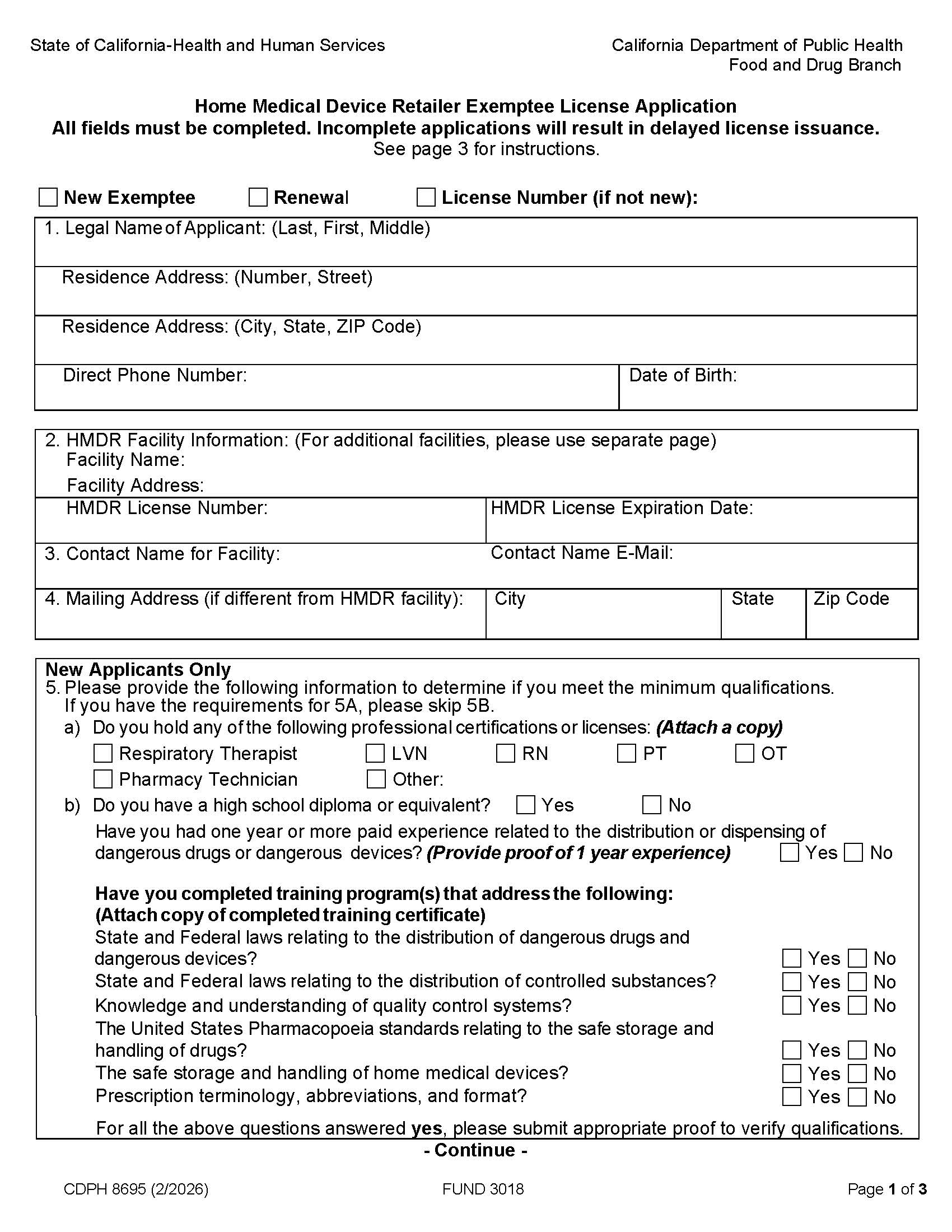 Application For Home Medical Device Retailer Exemptee License New And Renewal {CDPH 8695} | Pdf Fpdf Docx | California