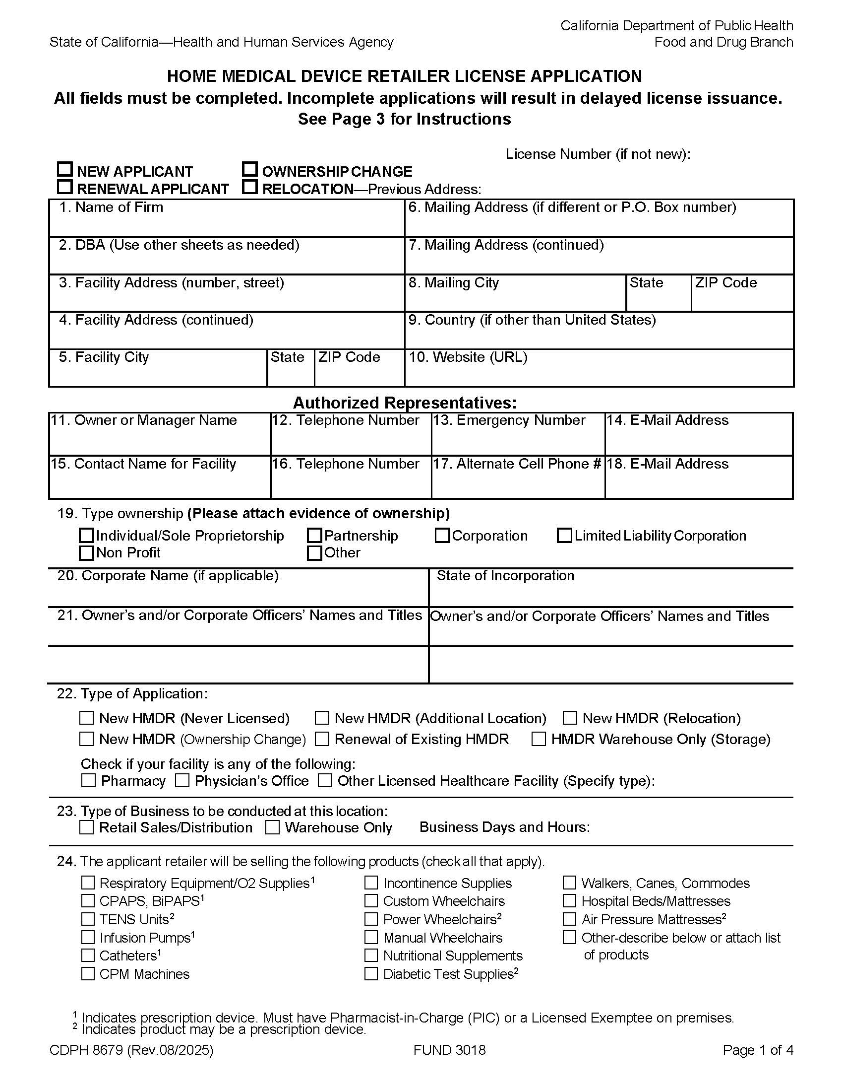 Home Medical Device Retailer License Application {CDPH 8679} | Pdf Fpdf Docx | California