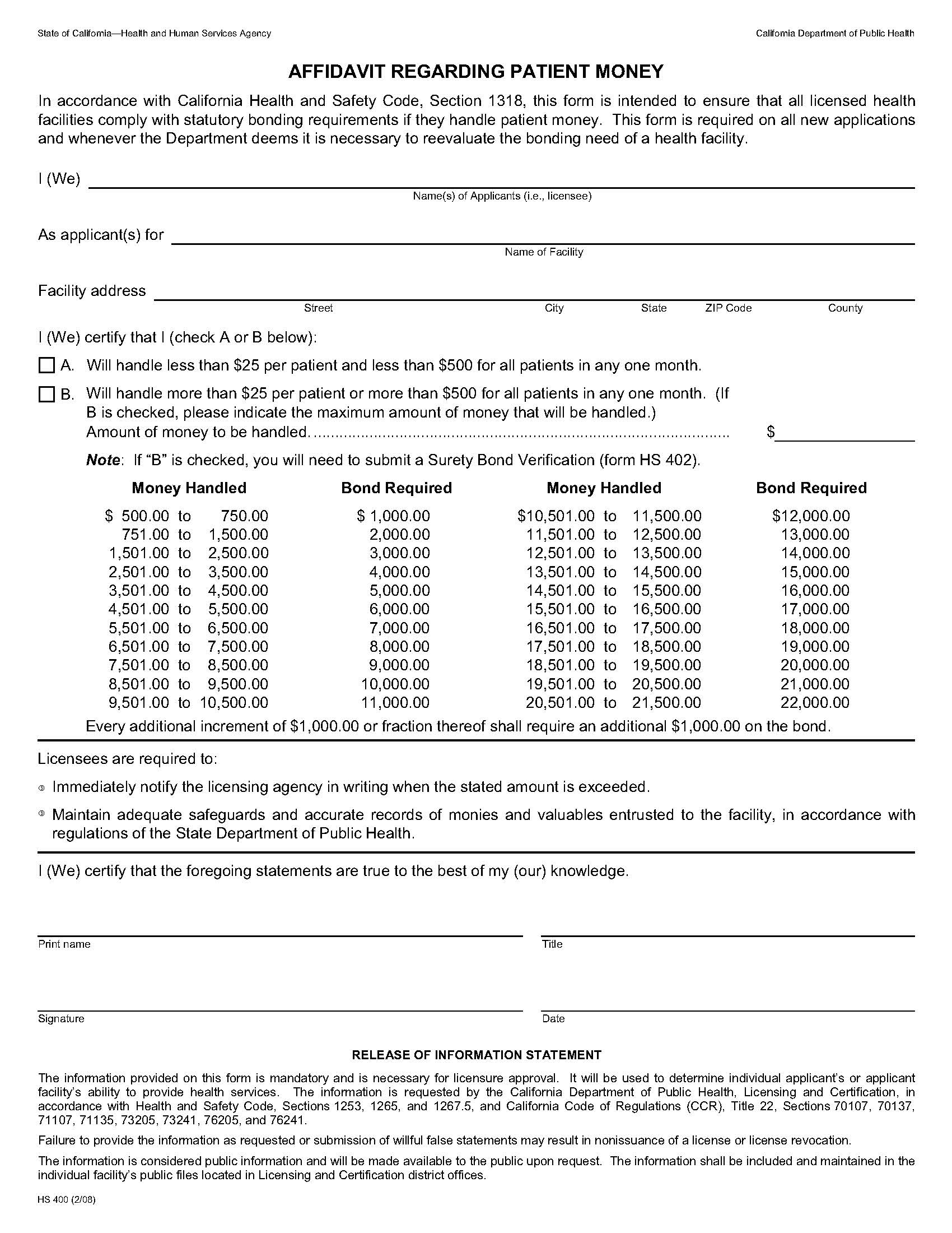 Affidavit Regarding Patient Money {HS 400} | Pdf Fpdf Doc Docx | California