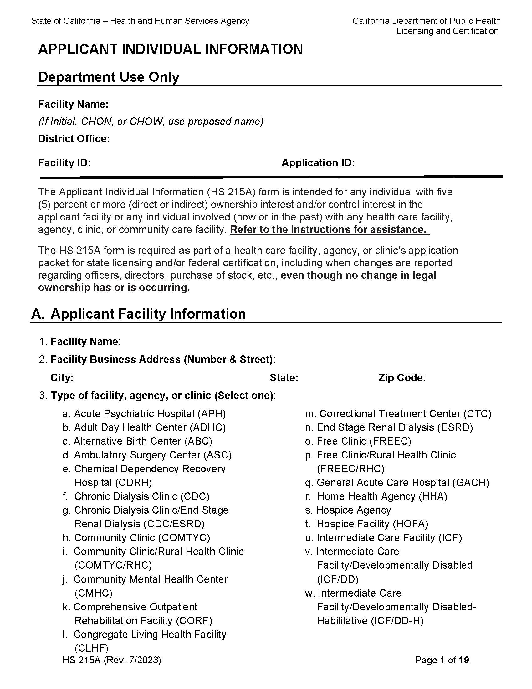 Applicant Individual Information {HS 215A} | Pdf Fpdf Doc Docx | California