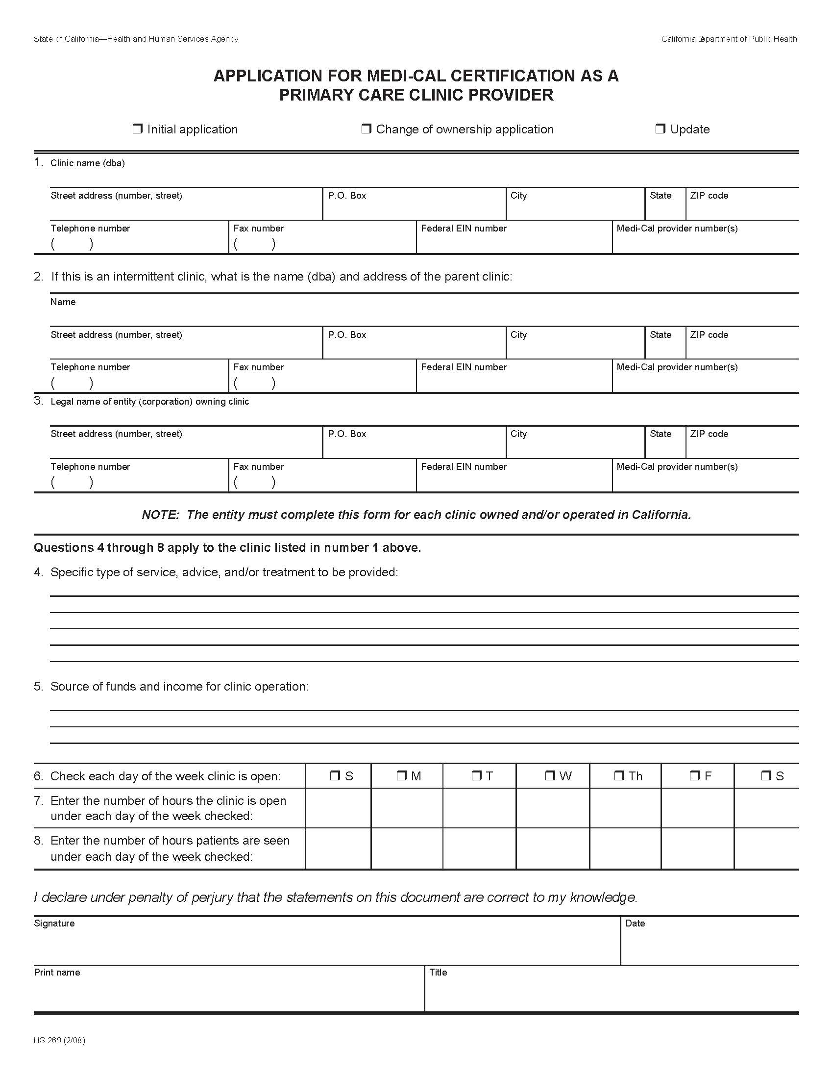 Application For Medi-Cal Certification As A Primary Care Clinic Provider {HS 269} | Pdf Fpdf Doc Docx | California