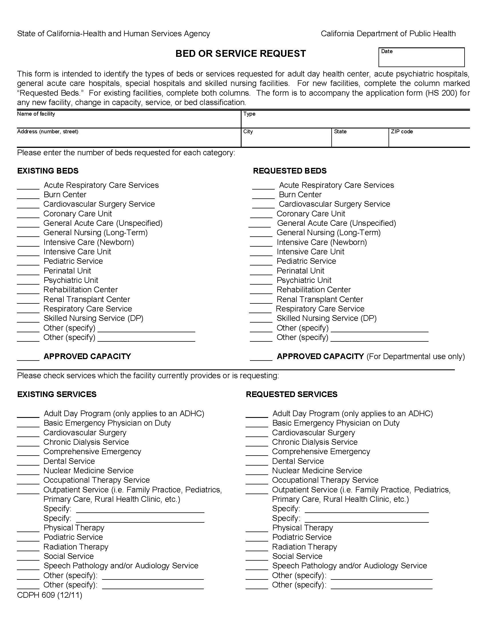 Bed Or Service Request {CDPH 609} | Pdf Fpdf Doc Docx | California