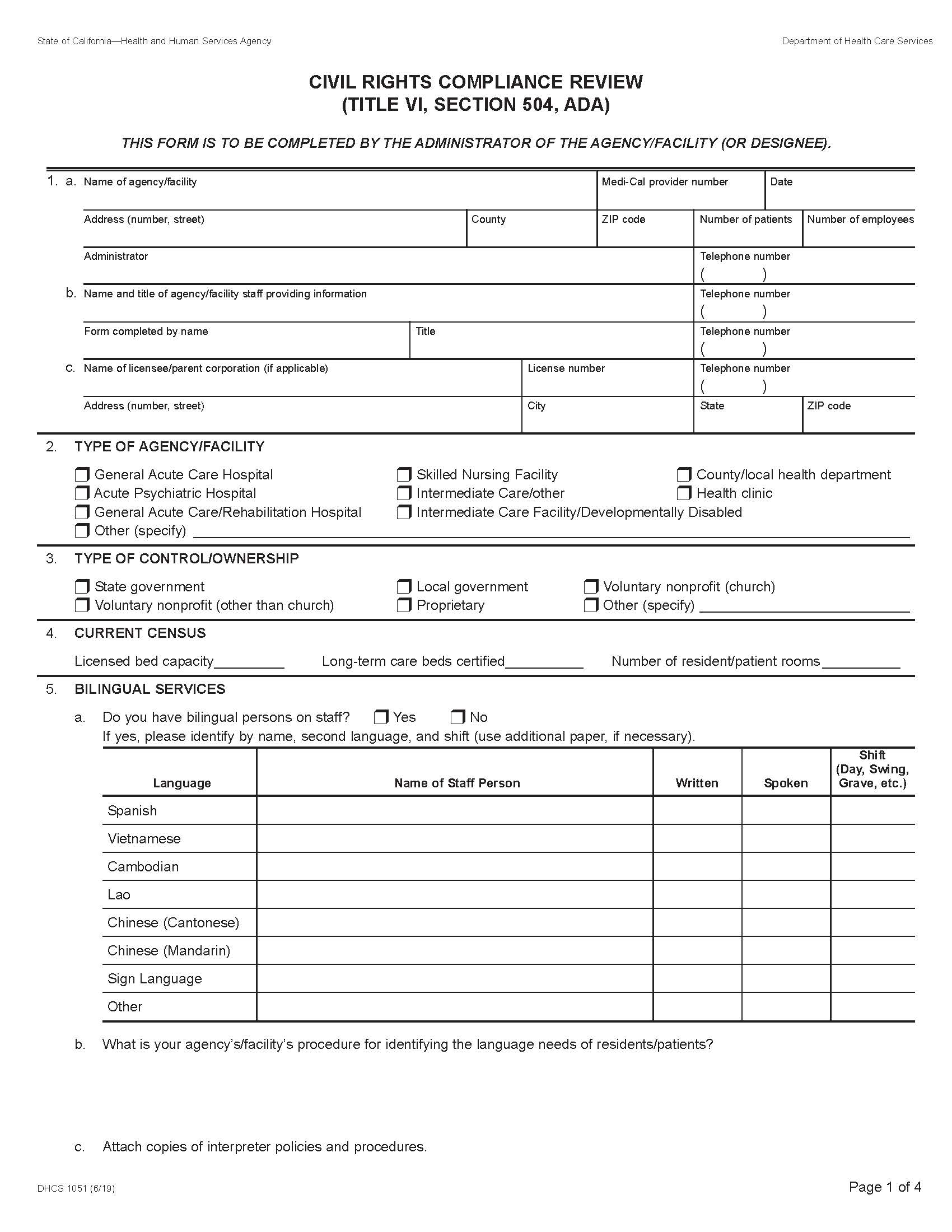 Civil Rights Compliance Review (Title VI Section 504 ADA) {DHCS-1051} | Pdf Fpdf Doc Docx | California