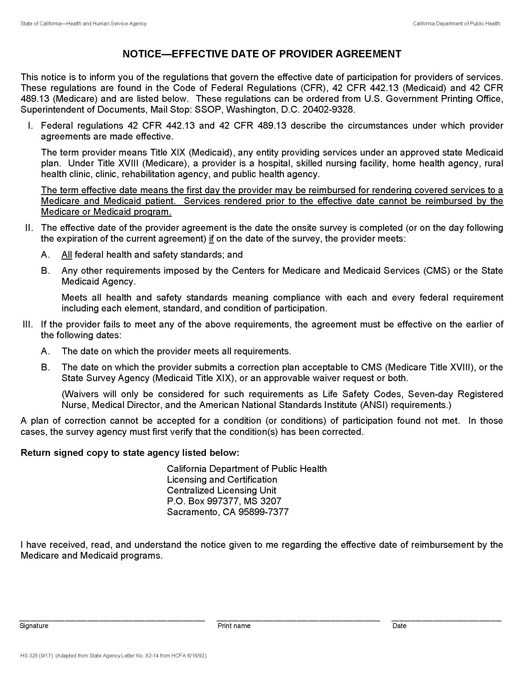 Notice-Effective Date Of Provider Agreement {HS 328} | Pdf Fpdf Doc Docx | California