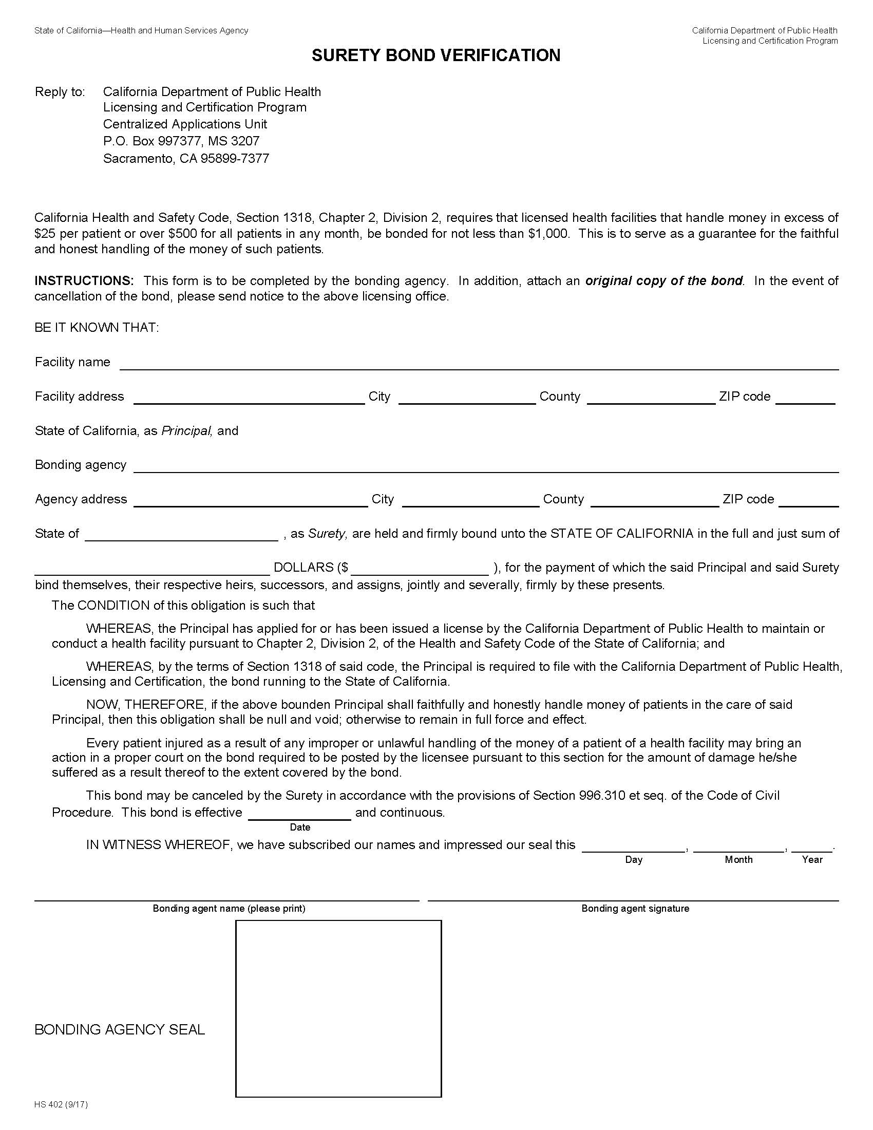 Surety Bond Verification {HS 402} | Pdf Fpdf Doc Docx | California