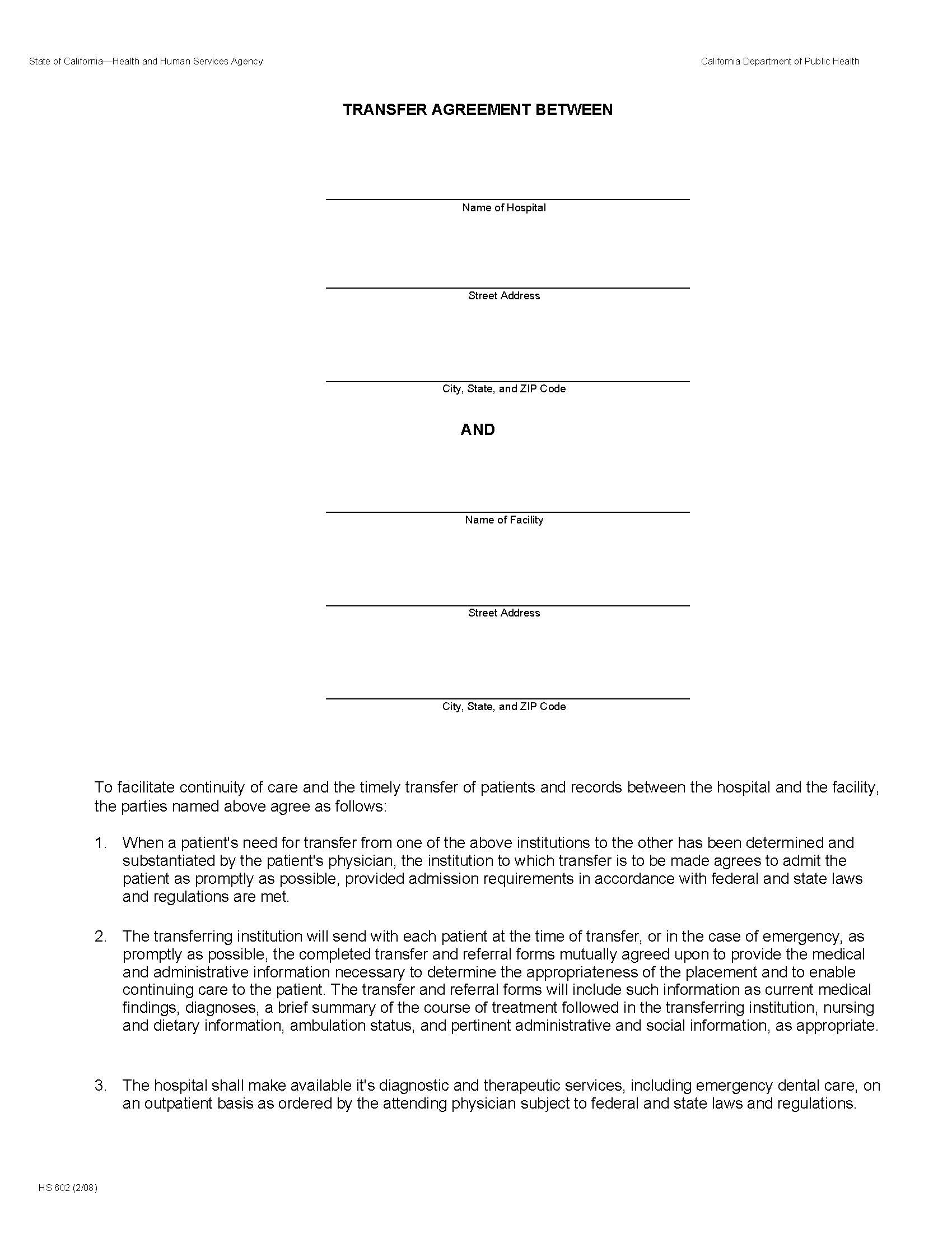 Transfer Agreement {HS 602} | Pdf Fpdf Doc Docx | California