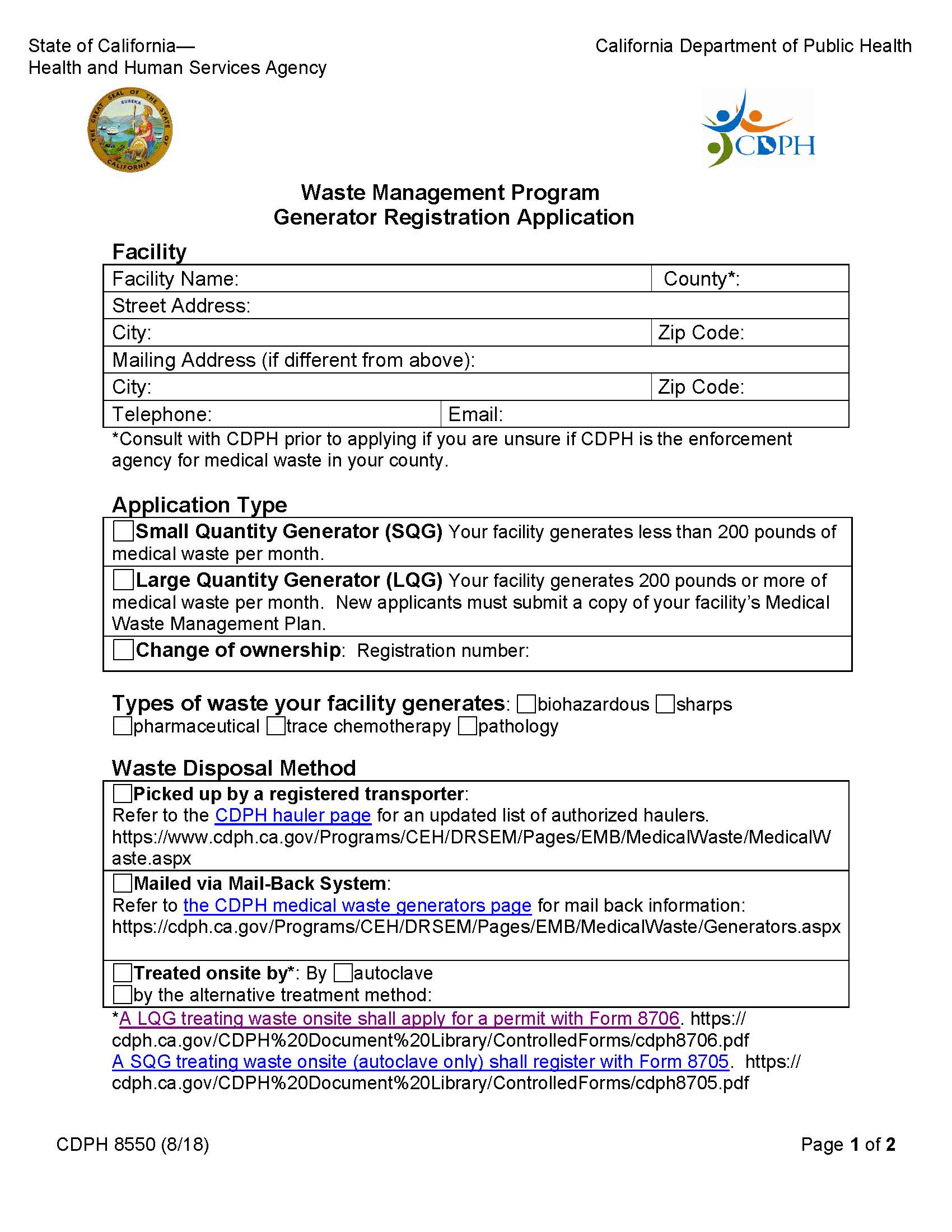 Generator Registration Application {DHS-8550} | Pdf Fpdf Docx | California