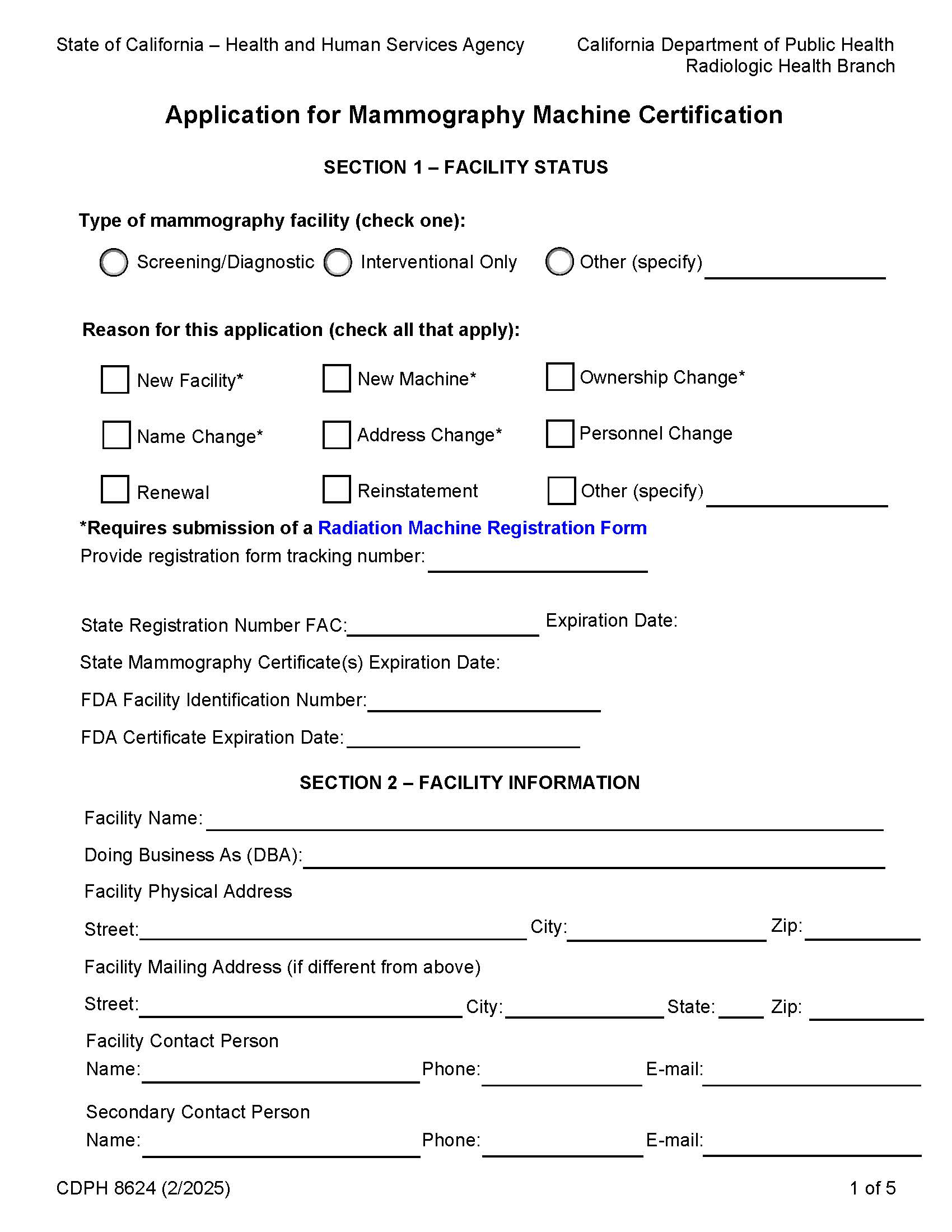 Application For Mammography Machine Certification {CDPH 8624} | Pdf Fpdf Doc Docx | California